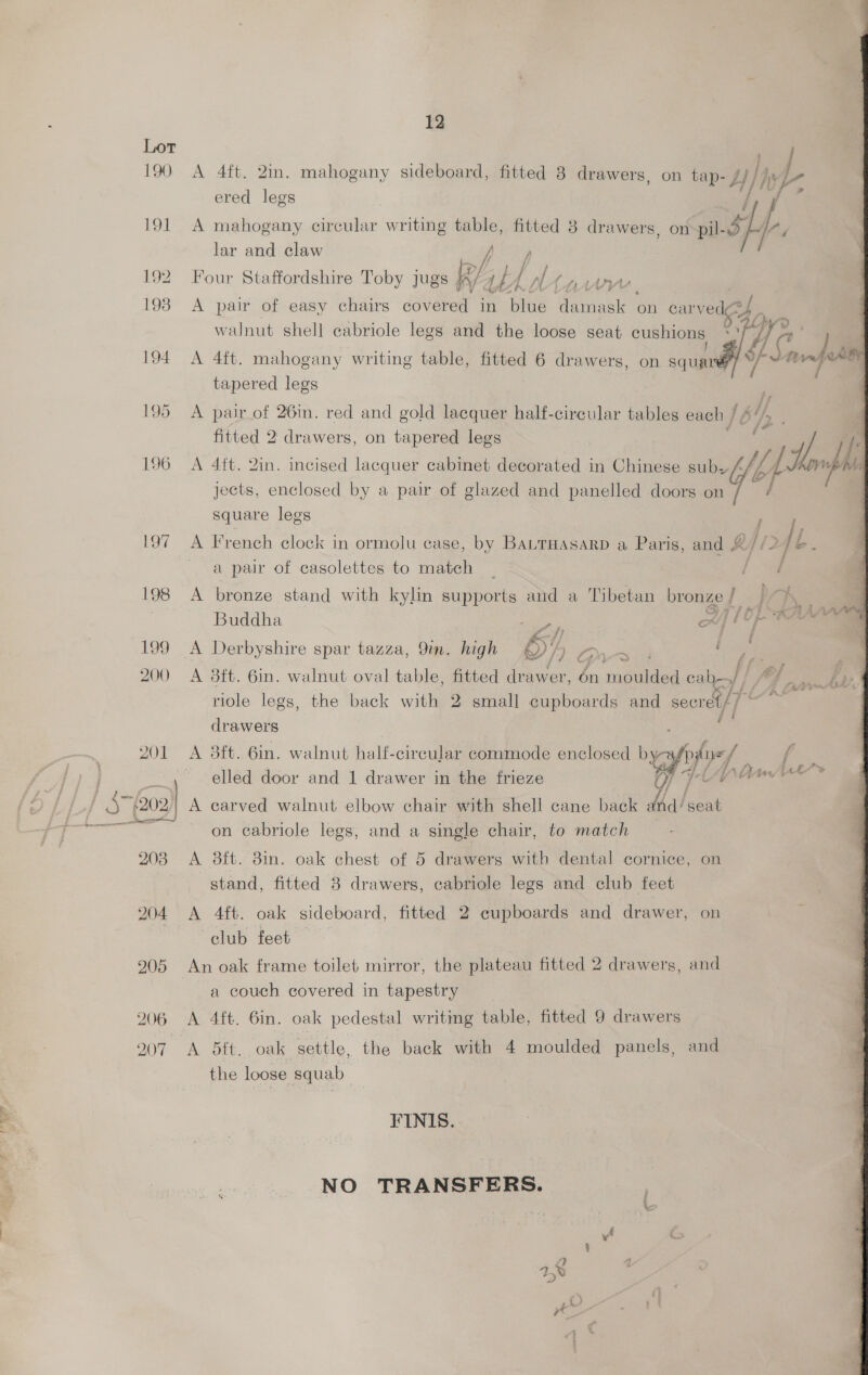 * bye A a 205 206 207 square legs A French clock in ormolu case, by BaLruasarD a Paris, and 4 fi oft. a pair of casolettes to match _ A bronze stand with kylin supports and a Tibetan bronze / ; , Th Buddha Oe Pig x / i ‘ofp ra A Derbyshire spar tazza, 9in. high D/) c ee i ne A 3ft. 6in. walnut oval table, fitted drawer, én rea ca hol / | A é e re  12 , =e } A 4ft. 2in. mahogany sideboard, fitted 8 drawers, on tap- £)/jyp- f f v f ered legs i a . Pao . , Oe, pu A mahogany circular writing table, fitted 8 drawers, on-pil-3 lar and claw er ee / Four Staffordshire Toby jugs R/ ALA 4 GF, (nv  A ¥ * A pair of easy chairs covered in blue qonese on carvedgey walnut shell cabriole legs and the loose seat cushions *” ] Hare 4 (l 1 Oh Oi A pair of 26in. red and gold lacquer half-circular tables each / 4 i), fitted 2 drawers, on tapered legs / ‘ia A 4ft. 2in. incised lacquer cabinet decorated in Chinese suby Ya raf : jects, enclosed by a pair of glazed and panelled doors on  A 4ft. mahogany writing table, fitted 6 drawers, on squar tapered legs ~~ b riole legs, the back with 2 small cupboards and seeret// LA drawers s% 5 ~~ Va pr, oe ea elled door and 1 drawer in the frieze A carved walnut elbow chair with shell cane back dnd’ seat on cabriole legs, and a single chair, to match A 8tt. 81in. oak chest of 5 drawers with dental cornice, on A 4ft. oak sideboard, fitted 2 cupboards and drawer, on club feet — a couch covered in tapestry A 4ft. 6in. oak pedestal writmg table, fitted 9 drawers A 5ft. oak settle, the back with 4 moulded panels, and the loose squab FINIS. NO TRANSFERS. 