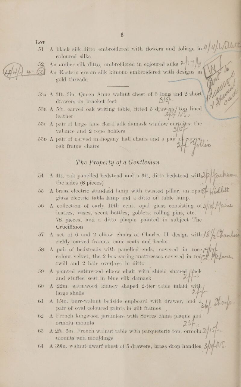       6 ih A black silk ditto embroidered with flowers and foliage im d} / 4y ) WW Lt coloured silks | An amber silk ditto, embroidered in coloured silks * Y L An Hastern cream silk kimono embroidered with designs in gold threads ican, eae a \ A 3ft. 8in. Queen Anne walnut chest of 3 long and 2 short \ drawers on bracket feet alk op ‘ A dft. carved oak writing table, fitted 5 drawets, top lined \ leather BENE, VA A pair of large blue floral silk damask window curfaihs, the valance and 2 rope holders Ls A pair of carved mahogany hall chairs and a pai’ o} “at ba Me oak frame chairs The Property of a Gentleman. A 4ft. oak panelled bedstead and a 3ft, ditto bedstead with2? [re Rains the sides (8 pieces) “ie A brass electric standard lamp with twisted pillar, an opalgf je glass electric table lamp and a ditto oil table lamp. ; A collection of early 19th cent. opal glass consisting otf Moan lustres, vases, scent bottles, goblets, rolling pins, etc. 78 pieces, and a ditto aac painted in subject The Crucifixion : ie i : li A set of 6 and 2 elbow chairg of Charles I] design with [6 jam richly carved frames, cane seats and backs A pair of bedsteads with panelled ends, covered in rose) lf - colour velvet, the 2 box sprmg mattresses covered in aaa 3: Pe Jame, twill and 2 Ge overlays in ditto A painted satimwood elbow chair with sleld shaped Jback and stuffed seat in blue silk damask : | i A 22in. satimwood kidney shaped 2-tier table inlaid wit, y large shells du i A loin. burr-walnut bedside cupboard with drawer, and a | Mode ' par of oval coloured prints in gilt frames r A French kingwood jardiniere with Sevres china = anil’ ormolu mounts rik A 2ft. Gin. French walnut table with parqueterie top, ae Bie mounts and mouldings : A 39in, walnut dwarf chest of 5 drawers, brass drop handles Yip Vv \. |