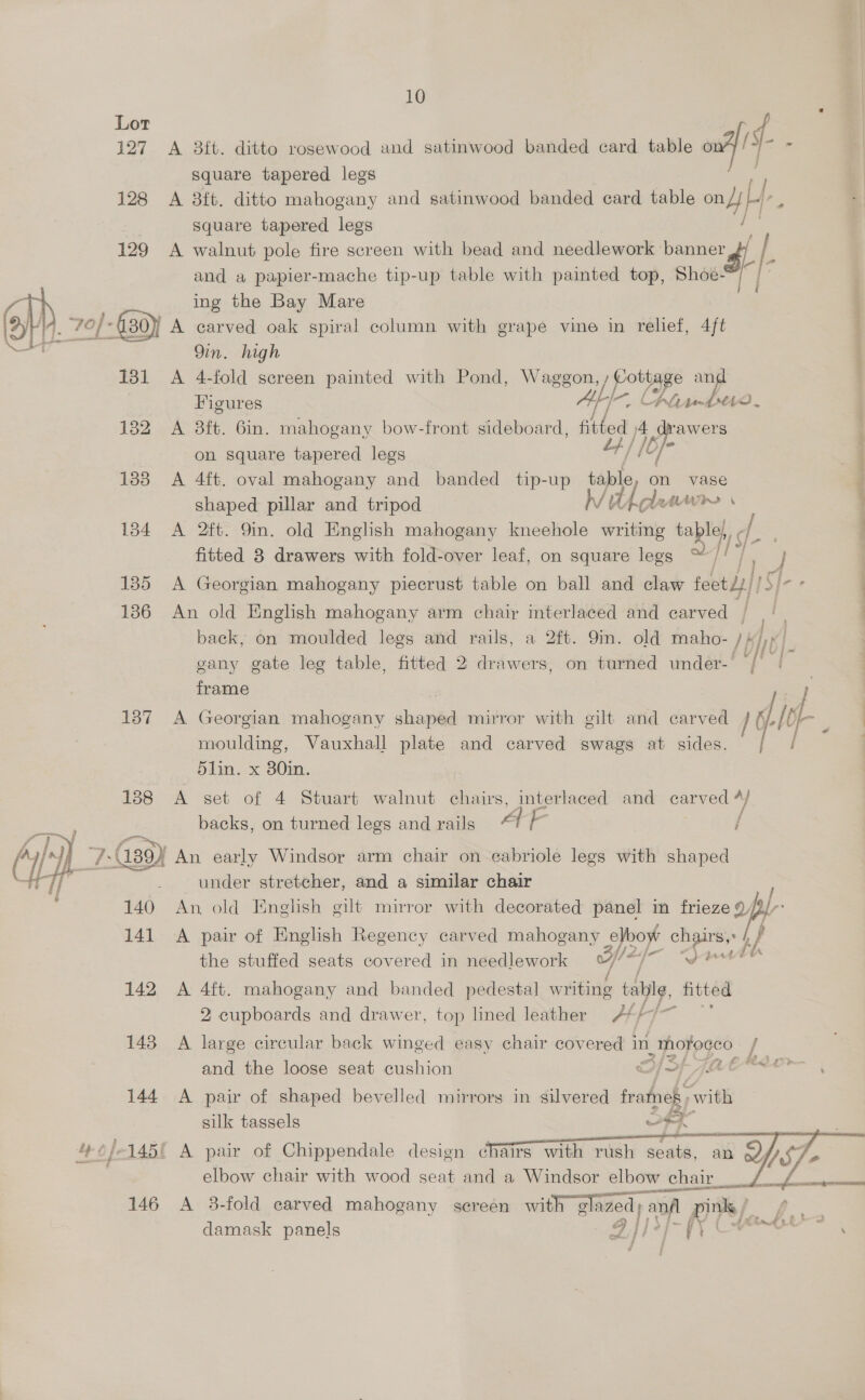 10 Lot 4 127 A 3ft. ditto rosewood and satinwood banded card table off if- r square tapered legs , 128 A 3ft. ditto mahogany and satinwood banded card table on Ye ; square tapered legs we 129 A walnut pole fire screen with bead and pewretcelee b and a papier-mache tip-up table with painted top, Shoe- ing the Bay Mare 9in. high 131 A 4-fold screen painted with Pond, Waggon, / Cottage and Figures as gat (Alirn~bt10o. 132 A 3ft. Gin. mahogany bow-front sideboard, fitted 4 drawers on square tapered legs tf / /€ | 183 A 4ft. oval mahogany and banded tip-up table ms vase shaped pillar and tripod h/t i Clete \ 134 A 2ft. 9in. old English mahogany kneehole writing ta leh, ( - fitted 8 drawers with fold-over leaf, on square legs ™/! | , 3 A 135 A Georgian mahogany piecrust table on ball and claw fect ly| IS]-- 186 An old English mahogany arm chair interlaced and carved / || back, on moulded legs and rails, a 2ft. 9m. old maho- in gany gate leg table, fitted 2 drawers, on turned under-' oo as frame i -~ moulding, Vauxhall plate and carved swags at sides, 5lin. x 380in. 1388 A set of 4 Stuart walnut chairs, interlaced and carved 4/ backs, on turned legs and rails ~ i / F under stretcher, and a similar chair 140 An old English gilt mirror with decorated panel im frieze 141 A pair of English Regency carved mahogany eho eo eal hf 142 A 4ft. mahogany and banded pedestal writing table, fitted 2 cupboards and drawer, top lined leather A*// 143 A large circular back winged easy chair covered in, Morocco BS  and the loose seat cushion St Fat <o~- 144 A pair of shaped bevelled mirrors in silvered frames with silk tassels nog  elbow chair with wood seat and a Windsor elbow chair 146 A 3-fold carved mahogany screen with glazed) jana PP c. damask panels | eit. d a ee ‘