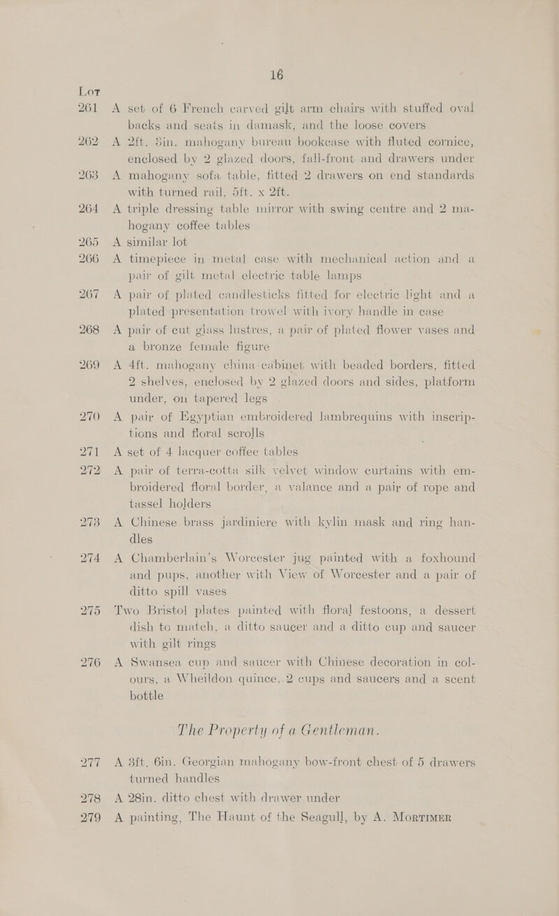 277 278 A A A A A A A A A A 16 set of 6 French carved gilt arm chairs with stuffed oval backs and seats in damask, and the loose covers 2ft. 5in. mahogany bureau bookcase with fluted cornice, enclosed by 2 glazed doors, fall-front and drawers under mahogany sofa table, fitted 2 drawers on end standards with turned rail, 5ft. x 2ft. triple dressing table mirror with swing centre and 2 ma- hogany coffee tables similar lot timepiece in metal case with mechanical action and a par of gilt metal electric table lamps pair of plated candlesticks fitted for electric heht and a plated presentation trowel with ivory handle in case pair of cut glass lustres, a pair of plated flower vases and a bronze female figure 4ft. mahogany china-cabinet with beaded borders, fitted 2 shelves, enclosed by 2 glazed doors and sides, platform under, om tapered legs pair of Egyptian embroidered lambrequins with inscrip- tions and fioral serolls A pair of terra-cotta silk velvet window curtains with em- broidered floral border, a valance and a pair of rope and tassel holders Chinese brass jardiniere with kylin mask and ring han- dles Chamberlain's Worcester jug painted with a foxhound and pups, another with View of Worcester and a pair of ditto spill vases A dish to match, a ditto saucer and a ditto cup and saucer with gilt rings Swansea cup and saucer with Chinese decoration in col- ours, a Wheildon quince, 2 cups and saucers and a scent bottle The Property of a Gentleman. turned handles