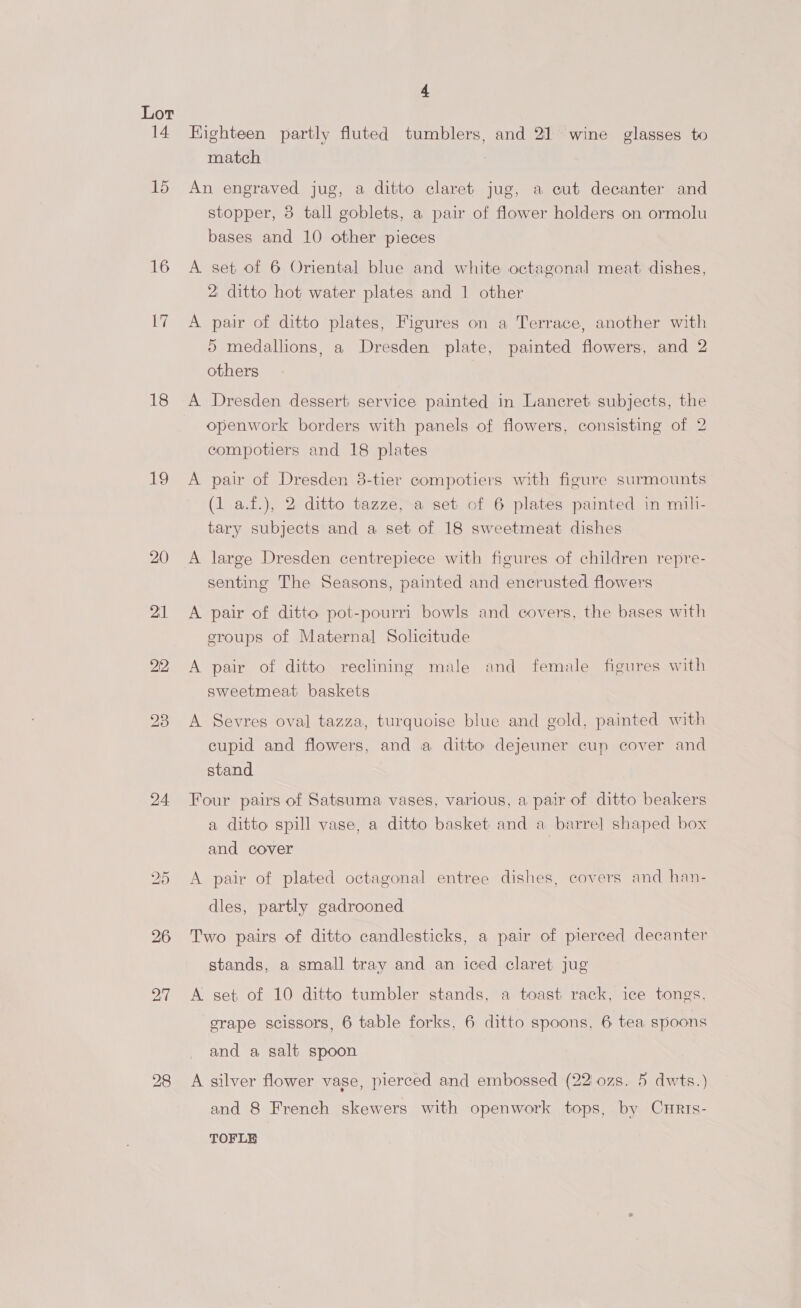 18 20 21 22 24 26 27 28 4 Eighteen partly fluted tumblers, and 21 wine glasses to match 3 An engraved jug, a ditto claret jug, a cut decanter and stopper, 3 tall goblets, a pair of flower holders on ormolu bases and 10 other pieces A set of 6 Oriental blue and white octagonal meat. dishes, 2 ditto hot water plates and 1 other A pair of ditto plates, Figures on a Terrace, another with 5 medallions, a Dresden plate, painted flowers, and 2 others A Dresden dessert service painted in Lancret subjects, the openwork borders with panels of flowers, consisting of 2 compotiers and 18 plates A pair of Dresden 3-tier compotiers with figure surmounts (1 a.f.), 2 ditto tazze, a set of 6 plates painted in mili- tary subjects and a set of 18 sweetmeat dishes A large Dresden centrepiece with figures of children repre- senting The Seasons, painted and encrusted flowers A pair of ditto pot-pourri bowls and covers, the bases with sroups of Maternal Solicitude A pair of ditto reclining male and female figures with sweetmeat baskets A Sevres oval tazza, turquoise blue and gold, painted with cupid and flowers, and a ditto dejeuner cup cover and stand Four pairs of Satsuma vases, various, a pair of ditto beakers a ditto spill vase, a ditto basket and a barrel shaped box and cover A pair of plated octagonal entree dishes, covers and han- dles, partly gadrooned Two pairs of ditto candlesticks, a pair of pierced decanter stands, a small tray and an iced claret jug A set of 10 ditto tumbler stands, a toast rack, ice tongs, grape scissors, 6 table forks, 6 ditto spoons, 6 tea spoons and a salt spoon A silver flower vase, pierced and embossed (22'0zs. 5 dwts.) and 8 French skewers with openwork tops, by Cuxrts- TOFLE