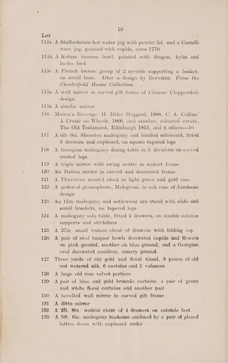 Lor . 1154 A Staffordshire hot water jug with pewter lid, and a Castelli ware jug, painted with cupids, circa 1770 115B A Kutani incense bowl, painted with dragon, kylin and ho-ho_ bird 1lldc A French bronze group of 2 nereids supporting a basket, on scroll base. After a design by BoucuErR. From the Chesterfield House Collection 115p A wall mirror in carved gilt frame of Chinese Chippendale design l1l5E A similar mirror 116 Maiwa’s Revenge, H. Rider Haggard, 1888, C&gt; A. Collins’ A Cruise on Wheels, 1866, and another, coloured covers, The Old Testament, Edinburgh 1818, and 6 others—10 117 =A 6ft. 9m. Sheraton mahogany and banded sideboard, fitted 3 drawers and cupboard, on square tapered legs 118 A Georgian mahogany dining table in 8 divisions on carved canted legs 119 A triple mirror with swing centre in walnut frame 120 An Italian mirror in carved and decorated frame 121 A Florentine mantel clock in light green and gold case 122 A pedestal gramophone, Melogram, in oak case of Jacobean design 123) An Llin- mahogany and satinwood urn stand with slide and scroll brackets, on tapered legs 124 A mahogany sofa table, fitted 2 drawers, on double column supports and stretchers 125 A 27in. small walnut chest of drawers with folding top 126 A pair of oval lacquer bowls decorated cupids and flowers on pink ground, another on blue ground, and a Georgian oval decorated cauldron, canary ground 127 Three yards of old gold and floral tinsel, 3 pieces of old red watered silk, 6 curtains and 3 valances 128 A large old rose velvet portiere 129 A pair of blue and gold brocade curtains, a pair of green and white floral curtains and another pair 180 &lt;A bevelled wall mirror in carved gilt frame 131 A ditto mirror 182 A 2ft. 8in. walnut chest of 4 drawers on cabriole feet 1388 A 8ft. 6in. mahogany bookcase enclosed by a pair of glazed lattice doors with cupboard utider