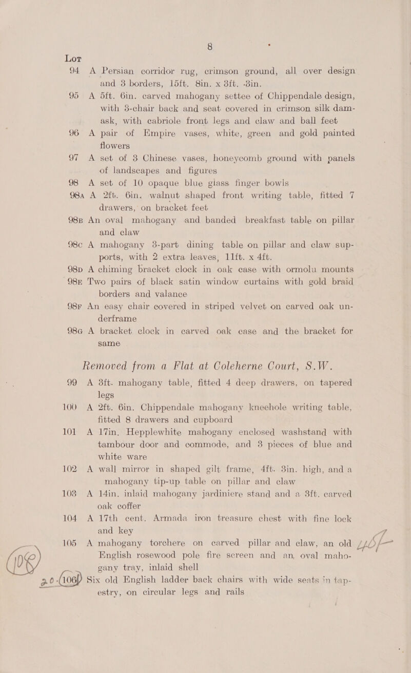  94 A Persian corridor rug, crimson ground, all over design 95 <A dft. 6in. carved mahogany settee of Chippendale design, with 3-chair back and seat covered in crimson silk dam- ask, with cabriole front legs and claw and ball feet 96 A pair of Kmpire vases, white, green and gold painted flowers 97 <A set of 3 Chinese vases, honeycomb ground with panels of landscapes and figures 98 <A set of 10 opaque blue giass finger bowls 984 A 2ft. 6in. walnut shaped front writing table, fitted 7 drawers,’ on bracket feet 98p An oval mahogany and banded breakfast table on pillar and claw 98c A mahogany 3-part dining table on pillar and claw sup- ports, with 2 extra leaves, 11ft. x 4ft. 98p A chiming bracket clock in oak case with ormolu mounts 98r Two pairs of black satin window curtains with gold braid borders and valance 98r An easy chair covered in striped velvet on carved oak un- derframe 98a A bracket clock in carved oak case and the bracket for same Removed from a Flat at Coleherne Court, S.W. 99 A 8ft. mahogany table, fitted 4 deep drawers, on tapered legs 100 A 2ft. 6in. Chippendale mahogany kneehole writing table, fitted 8 drawers and cupboard 101 A 17in. Hepplewhite mahogany enclosed washstand with tambour door and commode, and 3 pieces of blue and white ware 102 A wall mirror in shaped gilt frame, 4ft. 3in. high, and a mahogany tip-up table on pillar and claw 108 <A 14in. inlaid mahogany jardiniere stand and a 8ft. carved oak coffer 104. A 17th cent. Armada iron treasure chest with fine lock and key 105 A mahogany torchere on carved pillar and claw, an old English rosewood pole fire screen and an, oval maho- gany tray, inlaid shell estry, on circular legs and rails