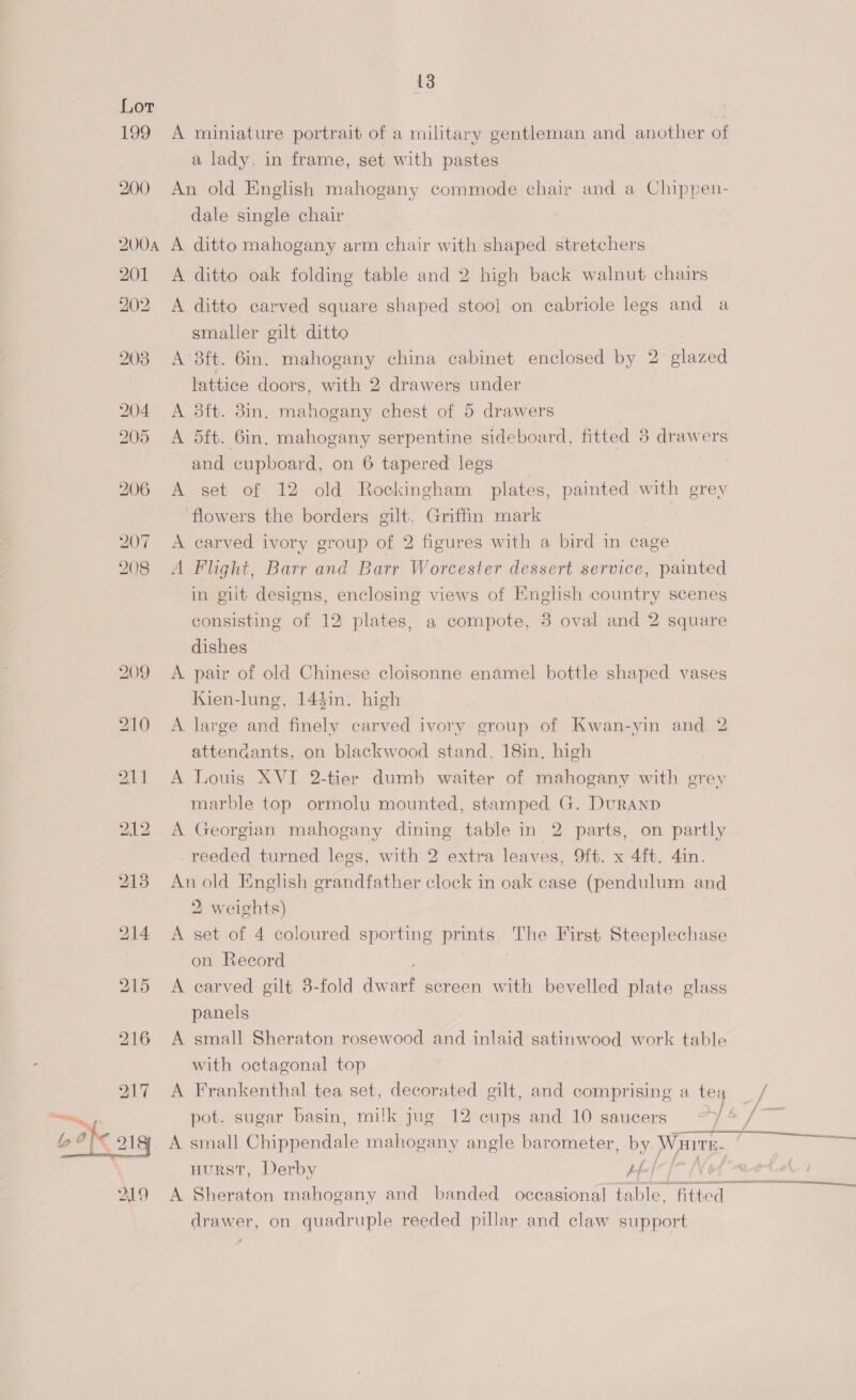 Lor ; , 199 A miniature portrait of a military gentleman and another of a lady. in frame, set with pastes 200 An old English mahogany commode chair and a Chippen- dale single chair 200a A ditto mahogany arm chair with shaped stretchers 201 A ditto oak folding table and 2 high back walnut chairs 202 A ditto carved square shaped stool on cabriole legs and a smaller gilt ditto 203 A 8ft. 6in. mahogany china cabinet enclosed by 2 glazed lattice doors, with 2 drawers under 204 A 3ft. 8in. mahogany chest of 5 drawers 205 <A 5ft. 6in. mahogany serpentine sideboard, fitted 3 drawers and cupboard, on 6 tapered legs 206 A set of 12 old Rockingham plates, painted with grey ‘flowers the borders gilt, Griffin mark 207 <A carved ivory group of 2 figures with a bird in cage 208 A Flight, Barr and Barr Worcester dessert service, painted in gilt designs, enclosing views of English country scenes consisting of 12 plates, a compote, 3 oval and 2 square dishes 209 <A. pair of old Chinese cloisonne enamel bottle shaped vases Kien-lung, 144in. high 210 A large and finely carved ivory group of Kwan-yin and 2 attendants, on blackwood stand, 18in. high 211 A Louis XVI 2-tier dumb waiter of mahogany with grey marble top ormolu mounted, stamped G. DuRAND 212 A Georgian mahogany dining table in 2 parts, on partly -reeded turned legs, with 2 extra leaves, 9ft. x 4ft. 4in. 213 Anold English grandfather clock in oak case (pendulum and 2 weights) 214 <A set of 4 coloured sporting prints, The First Steeplechase on Record : 215 A carved gilt 8-fold dwarf screen with bevelled plate glass panels 216 A small Sheraton rosewood and inlaid satinwood work table with octagonal top pot. sugar basin, milk jug 12 cups and 10 saucers  HURST, Derby Af [~ NG 219 A Sheraton mahogany and banded occasional table, fitted drawer, on quadruple reeded pillar and claw support aera