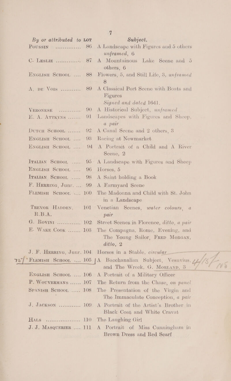 Bouscen aosish iia 86 CY RESEIE Vesa inc oeotdy BNGLIsH’ SCHOOL .... «88 Muyo Vor aickalials 89 MERONESE Salhi. 2 90, Ee A. ATRMEENS <3 91 Duren SCHOOnKN.4..: G2 HNGLISH SCHOOL ...+ © 98 ENGLISH ScHOOL .... 94 ITALIAN SCHOOL ..... 95 ENGLISH SCHOOL . 96 Iranian ScHooyr, ..... 98 F’. Herrine, Junr. ... 99 FLEMISH ScHOOr, . 100 Trevor Happen. 101 RBA. Cr ECON LEL. danke! 102 Ei. AW Ak Coon. ©. .... 103 J. F. Herrine, Junr. 104 ENGLIsH ScHoorn .... 106 P. W OUVERMANS ...... 107 SPANISH SCHOOL ..... 108 te, SINCRGS IN: iz) fo Teenie. 109 | NTU ee re Acree a) Jd MEASQUBRIBR J... -11 11 A Landscape with Figures and 5 others unframed, 6 A Mountainous Lake Scene and 5 others, 6 Hiowers, 5, and Still Life, 3, unframed 8 A Classical Port Scene with Boats and Figures Signed and dated 1641. A Historical Subject, unframed Landscapes with Figures and Sheep, a pair A Canal Scene and 2 others, 3 Racing at Newmarket A Portrait of a Child and A River Seene, 2 A. Landscape with Figures and Sheep Horses, 5 A Saint holding a Book A Farmyard Scene The Madonna and Child with St. John in a Landscape Venetian Scenes, water colours, a pair | Street Scenes in Florence, ditto, a pair The Compagna, Rome, Evening, and The Young Sailor, Frep Moreay, ditto, 2 Horses in a Stable, circular .i~ — A Portrait of a Military Officer The Return from the Chase, on panel The Presentation of the Virgin and The Immaculate Conception, a pair A Portrait of the Artist’s Brother in ‘Black Coat and White Cravat The Laughing Girl A Portrait of Miss Cunningham in Brown Dress and Red Scarf