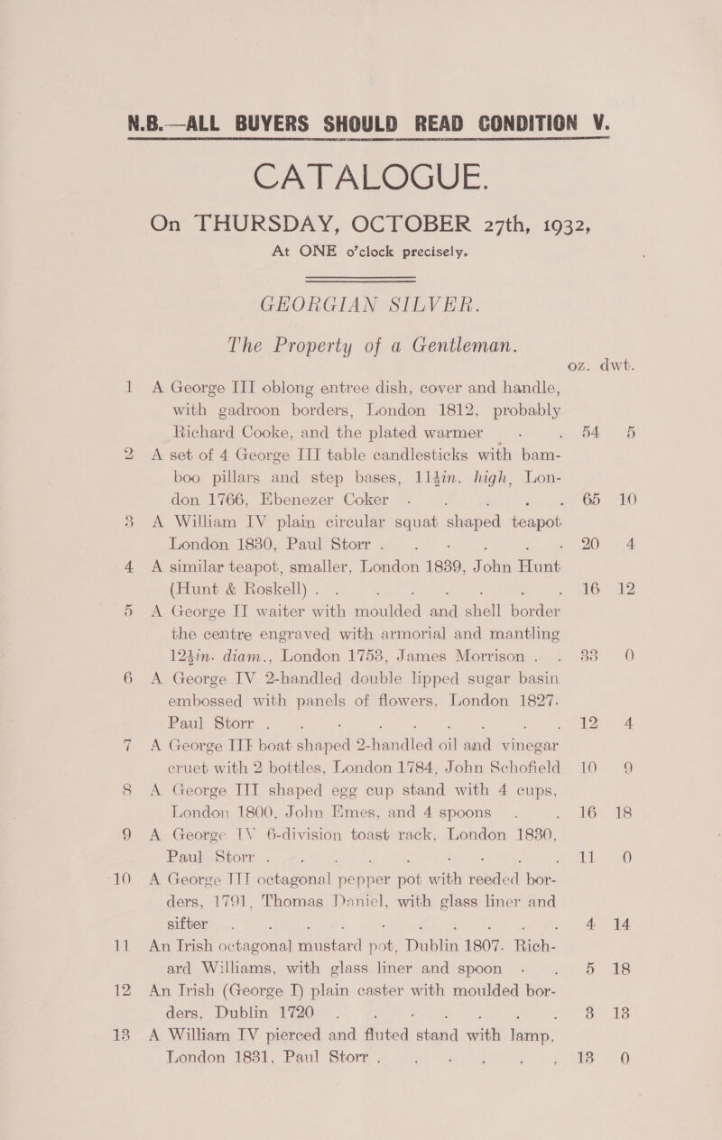 bo Se) “KO Bl 12 18 CATALOGUE. At ONE o’clock precisely. GHORGIAN SILVER. The Property of a Gentleman. A George III oblong entree dish, cover and handle, with gadroon borders, London 1812, probably Richard Cooke, and the plated warmer A set of 4 George III table candlesticks with aoe boo pillars and step bases, 1lldin. high, Lon- don 1766, Ebenezer Coker London 1880, Paul Storr . A similar teapot, smaller, London 1839, J ee Hunt (Hunt &amp; Roskell) . A George IT waiter with renin a anal Ronee the centre engraved with armorial and mantling 1247n. diam., London 1753, James Morrison . A George ITV 2-handled double lipped sugar basin embossed with panels of flowers, London 1827. Paul Storr . A George ITT boat shaped 2 eka a a a vinegar cruet with 2 bottles, London 1784, John Schofield A George IIT shaped egg cup stand with 4 cups, London 1800, John Emes, and 4 spoons A George TV 6-division toast rack, London 1980, Pau] Storr . A George ITT octagons A pepper oe seit roca ae ders, 1791, Thomas Daniel, with glass liner and siftier An Irish octagonal attend pot, Tuitin 1807. Fiche ard Williams, with glass liner and spoon An Trish (George I) plain caster with moulded bor- ders, Dublin 1720 ; A William TV pierced and fluted stead oer ib? London 1831, Paul Storr . ; : oz. dwt. D4 2H 65 10 Gee 7 ao. uk cee 6) MED al 10 Q bo “te 14 (0) 4 14 y 18 Be AS te. 36