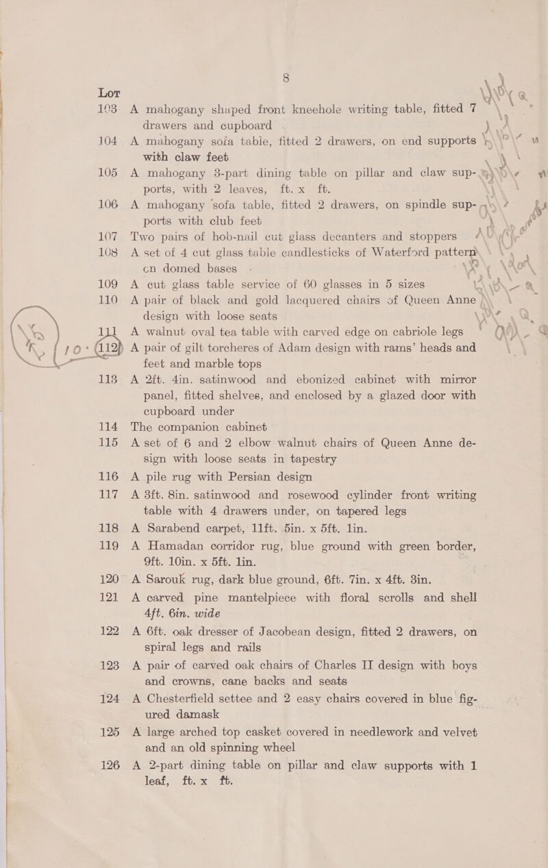 103 104 105 106 107 108 109 110 113 114 115 116 ally 118 119 120 121 122 124 125 126 8 A mahogany shaped front kneehole writing table, fitted 7 drawers and cupboard with claw feet ports, with 2 leaves, ft. x ft. ports with club feet A set of 4 cut glass table candlesticks of Waterford ier cn domed Hee 3 A cut glass table service of 60 glasses in 5 sizes design with loose seats A walnut oval tea table with carved edge on cabriole legs A pair of gilt toreheres of Adam design with rams’ heads and feet and marble tops | A 2ft. 4in. satinwood and ebonized cabinet with mirror panel, fitted shelves, and enclosed by a glazed door with cupboard under The companion cabinet A set of 6 and 2 elbow walnut chairs of Queen Anne de- sign with loose seats in tapestry A pile rug with Persian design A 3ft. 8in. satinwood and rosewood cylinder front writing table with 4 drawers under, on tapered legs A Sarabend carpet, 11ft. 5in. x 5ft. lin. A Hamadan corridor rug, blue ground with green border, Oft. 10in. x 5ft. lin. A Sarouk rug, dark blue ground, 6ft. Tin. x 4ft. 3in. A carved pine mantelpiece with floral scrolls and shell 4ft, 6in. wide A 6ft. oak dresser of Jacobean design, fitted 2 drawers, on spiral legs and rails and crowns, cane backs and seats A Chesterfield settee and 2 easy chairs covered in blue fig- ured damask A large arched top casket covered in needlework and velvet and an old spinning wheel A 2-part dining table on pillar and claw supports with 1 feats itex Tt: Ty ey ¥ on OA 7,