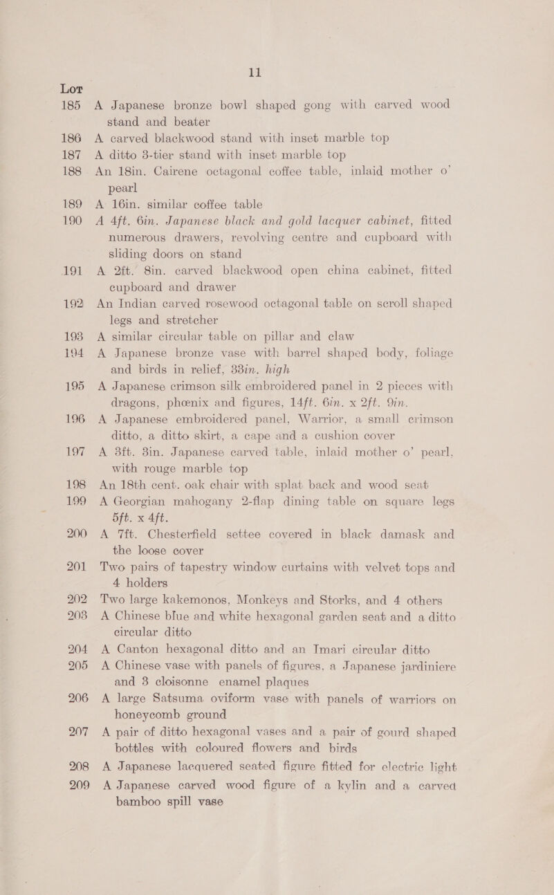 A Japanese bronze bowl shaped gong with carved wood stand and beater A. carved blackwood stand with inset marble top A ditto 8-tier stand with inset marble top An 18in. Cairene octagonal coffee table, inlaid mother 0’ pearl A 16in. similar coffee table A 4ft. 6in. Japanese black and gold lacquer cabinet, fitted numerous drawers, revolving centre and cupboard with sliding doors on stand A 2ft. 8in. carved blackwood open china cabinet, fitted cupboard and drawer An Indian carved rosewood octagonal table on seroll shaped legs and stretcher A similar circular table on pillar and claw A Japanese bronze vase with barrel shaped body, foliage and birds in relief, 33in. high A Japanese crimson silk embroidered panel in 2 pieces with dragons, phoenix and figures, 14ft. 6in. x 2ft. Qin. A Japanese embroidered panel, Warrior, a small crimson ditto, a ditto skirt, a cape and a cushion cover A 3ft. 8in. Japanese carved table, inlaid mother o’ pearl, with rouge marble top An 18th cent. oak chair with splat back and wood seat A Georgian mahogany 2-flap dining table on square legs 5ft. x Aft. A ‘ft. Chesterfield settee covered in black damask and the loose cover Two pairs of tapestry window curtains with velvet tops and 4 holders Two large kakemonos, Monkeys and Storks, and 4 others A Chinese blue and white hexagonal garden seat and a ditto circular ditto A Canton hexagonal ditto and an Tmari circular ditto A Chinese vase with panels of figures, a Japanese jardiniere and 8 cloisonne enamel plaques A large Satsuma oviform vase with panels of warriors on honeycomb ground A pair of ditto hexagonal vases and a pair of gourd shaped bottles with coloured flowers and birds A Japanese lacquered seated figure fitted for electric light A Japanese carved wood figure of a kylin and a carved bamboo spill vase