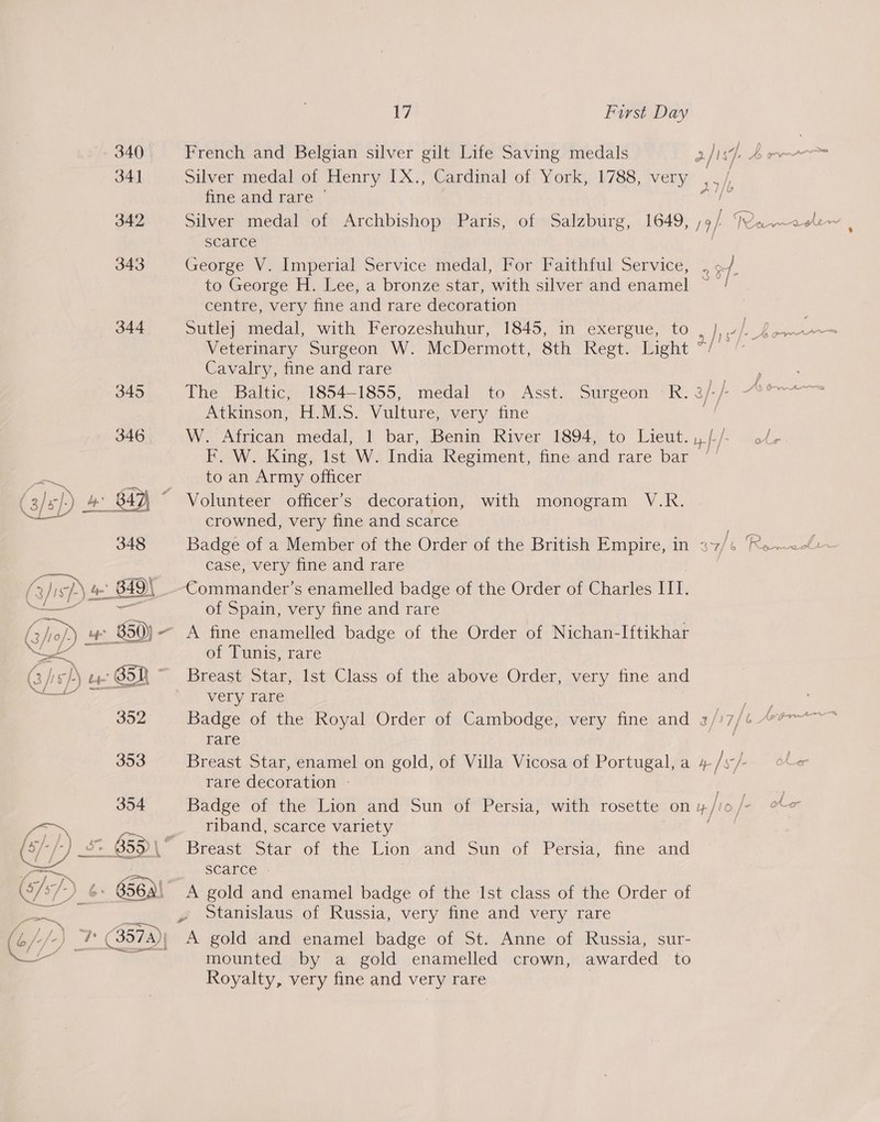 340 French and Belgian silver gilt Life Saving medals 2 jis. br 341 Silver medal of Henry IX., Cardinal of York, 1788, very ie / fine and rare | he 342 Silver medal of Archbishop Paris, of Salzburg, 1649, ;9 / Varad scarce 343 George V. Imperial Service medal, For Faithful Service, “ rf. to George H. Lee, a bronze star, with silver and enamel — centre, very fine and rare decoration 344 Sutle} medal, with Ferozeshuhur, 1845, in exergue, to , hee | peo ee Veterinary Surgeon W. McDermott, 8th Regt. Light °/ “ \ Cavalry, fine and rare : 345 The Baltic: 1854-1855, medal to -Asst. Surgeon *R: 3/-/-- °° Atkinson, H.M.S. Vulture, very fine re 346 W. African medal, 1 bar, Benin River 1894, to Lieut. y-[-/- 9 F. W. King, Ist W. India Regiment, fine and rare bar ~' 2 a to an Army officer (3/s)) 4 842) © Volunteer officer's decoration, with monogram V.R. crowned, very fine and scarce 348 Badge of a Member of the Order of the British Empire, in 3-7/6 ‘Ro o2-l~ ed case, very fine and rare JM (3 his» 4. B49)\_-Commander’s enamelled badge of the Order of Charles III. Tn of Spain, very fine and rare Gel) uw 850) ~ A fine enamelled badge of the Order of Nichan-Iftikhar mee of Tunis, rare G/; sf) u GSD ~ Breast Star, Ist Class of the above Order, very fine and ee very rare ie 352 Badge of the Royal Order of Cambodge, very fine and 3/17/¢ “#~~ rare 353 Breast Star, enamel on gold, of Villa Vicosa of Portugal, a / /- he rare decoration - | . 354 Badge of the Lion and Sun of Persia, with rosette on 4/10 /- he Sa | __ riband, scarce variety (f/) St 655 L Breast) Star. of the Lion “and Sun -ot. Persia, fine ‘and pe scarce (/s/-)- 6: 656A) A gold and enamel badge of the Ist class of the Order of eg z » Stanislaus of Russia, very fine and very rare 6 /-/-) Rae (3574)| A gold and enamel badge of St. Anne of Russia, sur- : | mounted by a gold enamelled crown, awarded to Royalty, very fine and very rare 