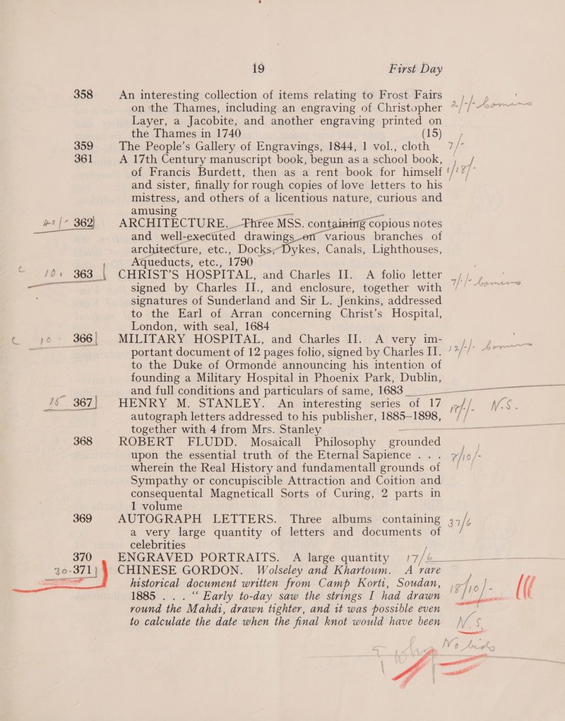  358 359 366 | An interesting collection of items relating to Frost Fairs ,) , on the Thames, including an engraving of Christopher “/ /°“°7™~ Layer, a Jacobite, and another engraving printed on the Thames in 1740 (15) 4 The People’s Gallery of Engravings, 1844, 1 vol., cloth 7/° A 17th Century manuscript book, begun asa school book, , / of Francis Burdett, then as a rent book for himself / A and sister, finally for rough copies of love letters to his mistress, and others of a licentious nature, curious and amusing ARCHITECTURE. _ Three MSS. containing Copious notes and well- executed drawings various branches of architecture, etc., Docks;Dykes, Canals, Lighthouses, Aqueducts, etc., 1790 | CHRIST’S HOSPITAL, and Charles II. A folio letter /: ote signed by Charles II., and enclosure, together with /' (??™™ signatures of Sunderland and Sir L. Jenkins, addressed to the Earl of Arran concerning Christ’s Hospital, London, with seal, 1684 MILITARY: HOSPITAL, and Charles Il.) Al very ime i }} portant document of 12 pages folio, signed by Charles IT. to the Duke of Ormondé announcing his intention a founding a Military Hospital in Phoenix Park, Dublin, and full conditions and particulars of same, 1683 pene eae HENRY M. STANLEY. An interesting series of | vs ot |. AS. autograph letters addressed to his publisher, 1885-1898, // together with 4 from Mrs. Stanley 7 ROBERT FLUDD. Mosaicall Philosophy rounded upon the essential truth of the Eternal Sapience ... y/io/- wherein the Real History and fundamentall grounds of | Sympathy or concupiscible Attraction and Coition and consequental Magneticall Sorts of Curing, 2 parts in 1 volume AUTOGRAPH LETTERS. Three albums containing 3,/; a very large quantity of letters and documents of / celebrities ENGRAVED PORTRAITS. A large quantity £7 ba historical document written from Camp Kortt, Soudan, ,-/,, }. [ (/ 1885 .. . “ Early to-day saw the strings I had drawn I i) wee al) vound the Mahdi, drawn tighter, and it was possible even ~~ to calculate the date when the final knot would have been _ jy 