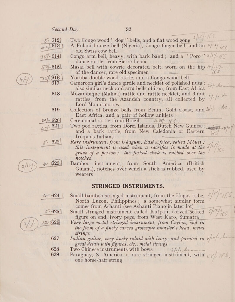 &amp; 612 Two Congo wood “ dog ’’ bells, and a flat todd gong 4 . »,o)913 | A Fulani bronze bell (Nigeria), Congo finger bell, and an +, HA) neg i” old Swiss cow bell aoe ~} s/- 614) Congo arm bell, heavy, with bark band ; ik a Dea 3 /S7- WS ames . dance rattle, from Sierra Leone i&gt; 5°/-615\ Masai bell with cowrie decorated belt, worn on beh hip HJ Ise nae of the dancer, rare old specimen mui ag Re Se 4 7. 616 \ Yoruba double wood rattle, and a Congo wood! bell ce eed 7/ Cameroon girl’s dance girdle and necklet of polished nuts; .)) »_ also similar neck and arm bells of iron, from East Africa ~ % 618 Mozambique (Makua) rattle and rattle necklet, and 3nut .; ) 4. rattles, from the Azandeh country, all collected by ~// Lord Mountmorres ; Poe 619 Collection of bronze bells from Benin, Gold Coast, and # i East Africa, and a pair of hollow anklets 34)]- 6 Ceremonial rattle, from Brazil — ly NS /-621 [| Two pod rattles, from Dorei Islands, Dutch New Guinea ; peteet on hs ani and a bark rattle, from New Salama or Eastern ey, | 4 ; Iroquois Indians — s 622, Rare instrument, from Ukagum, East A Gia called M busty ay are y this instrument 1s used when a sacrifice is made at the 5/' grave of a person; the forked stick 1s rubbed over the ° notches LBS. ‘3 Ly ae 623) Bamboo instrument, from South America (British Pe ee Guiana), notches over which a stick is rubbed, used by wearers STRINGED INSTRUMENTS. 44 624 | Small bamboo stringed instrument, from the Ifugas tribe, ~/° aaa Se North Luzon, Philippines; a somewhat similar form comes from Ashanti (see Ashanti Piano in later lot) — _, $* 625} Small stringed instrument called Kutpaji, carved seated o] figure on end, ivory pegs, from West Karo, Sumatra ; : (2 62@ Very large metal stringed instrument, from Ceylon, end in dy the form of a finely carved grotesque monster's head, metal strings 627 Indian guitar, very finely inlaid with ivory, and painted in ufc : great detail with figures, etc., metal strings . 628 Two Chinese instruments with bows af). hem | 629 Paraguay, S. America, a rare stringed ieee nieht, with .-« one horse-hair string