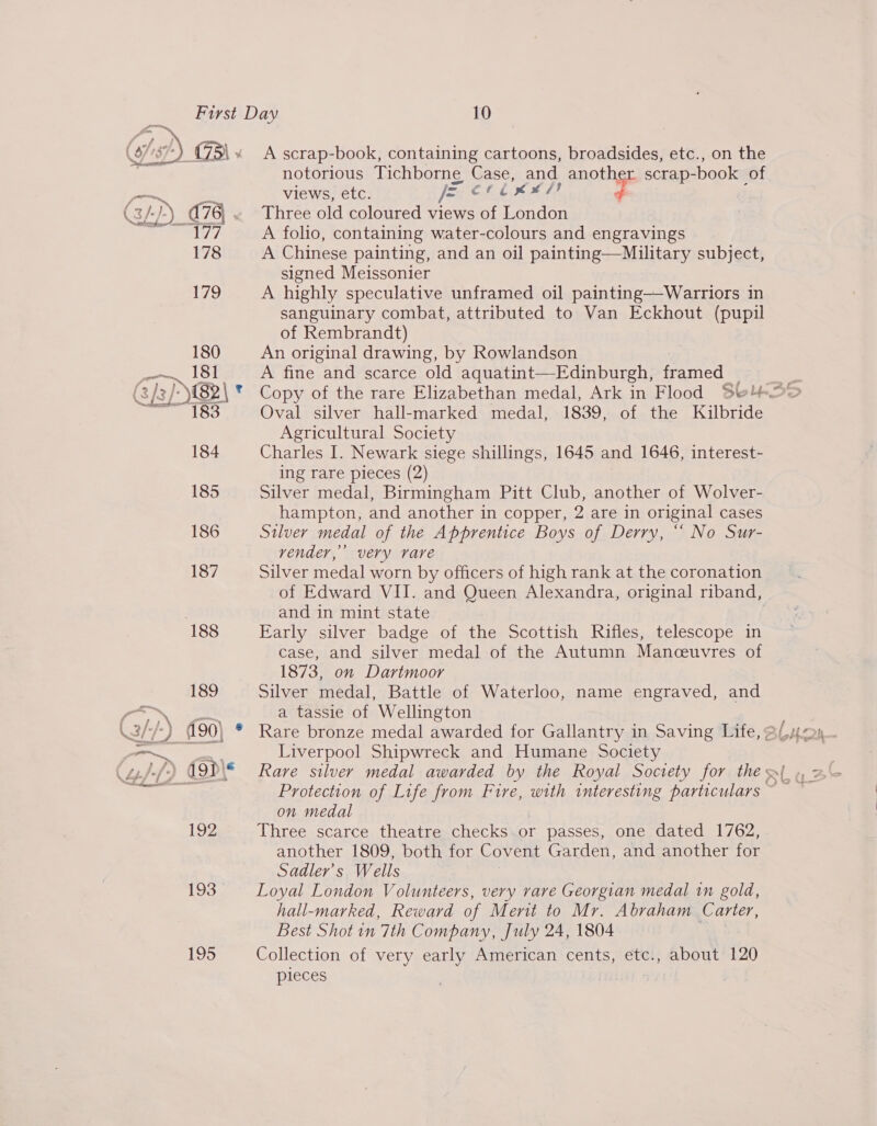 193 195 A scrap-book, containing cartoons, broadsides, etc., on the notorious Tichborne. Case, and anoles scrap- -book of views, etc. /= col xes} Three old coloured views of London A folio, containing water-colours and engravings A Chinese painting, and an oil painting—Military subject, signed Meissonier A highly speculative unframed oil painting—-Warriors in sanguinary combat, attributed to Van Eckhout (pupil of Rembrandt) An original drawing, by Rowlandson A fine and scarce old aquatint—Edinburgh, framed Oval silver hall-marked medal, 1839, of the Kilbride Agricultural Society Charles I. Newark siege shillings, 1645 and 1646, interest- ing rare pieces (2) Silver medal, Birmingham Pitt Club, another of Wolver- hampton, and another in copper, 2 are in original cases Silver medal of the Apprentice Boys of Derry, “ No Sur- vender, very rare Silver medal worn by officers of high rank at the coronation of Edward VII. and Queen Alexandra, original riband, and in mint state Early silver badge of the Scottish Rifles, telescope in case, and silver medal of the Autumn Manceuvres of 1873, on Dartmoor Silver medal, Battle of Waterloo, name engraved, and a tassie of Wellington Liverpool Shipwreck and Humane Society Protection of Life from Fire, with interesting particulars on medal Three scarce theatre checks or passes, one dated 1762, another 1809, both for Covent Garden, and another for Sadler’s Wells Loyal London Volunteers, very rave Georgian medal in gold, hall-marked, Reward of Merit to Mr. Abraham Carter, Best Shot in 7th Company, July 24, 1804 Collection of very early American cents, etc., about 120 pieces