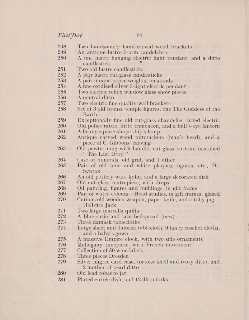 248 249 250 251 202, 253 254 259 256 297 258 259 260 261 262 263 264 265 267 268 269 270 AA 272 273 274 275 276 277 278 270 280 281 Two handsomely hand-carved wood brackets An antique lustre 3-arm candelabra A fine lustre hanging electric light pendant, and a ditt candlestick Two old lustre candlesticks A pair lustre cut-glass candlesticks A pair unique paper-weights, on stands A fine oxidized silver 6-light electric pendant’ Two electric reflex window glass show pieces A neutral ditto Two electric fine quality wall brackets Set of 3 old bronze temple figures, one The Goddess of the Earth Exceptionally fine old cut-glass chandelier, fitted electric Old police rattle, ditto truncheon, and a bull’s-eye lantern A heavy square-shape ship’s lamp Antique carved wood nutcrackers (man’s head), and a piece of C. Gibbons’ carving | Old pewter mug with handle, cut-glass bottom, inscribed “ The Last Drop ”’ Case of minerals, old grid, and 1 other Pair of old blue and white plaques, figures, etc., Dr. Syntax An old pottery ware kylin, and a large decorated dish Old cut-glass centrepiece, with drops Oil painting, figures and buildings, in gilt frame Pair of water-colours—Head studies, in gilt frames, glazed Curious old wooden weapon, paper-knife, and a toby jug— Hell-fire Jack Two large marcella quilts A blue satin and lace bedspread (new) Three damask tablecloths Large sheet and damask tablecloth, 9 fancy crochet cloths, and a baby’s gown A massive Empire clock, with two side ornaments Mahogany timepiece, with French movement Collection of 50 wine labels Three pieces Dresden Silver filigree card case, tortoise-shell and ivory ditto, and 2 mother-of-pearl ditto Old lead tobacco jar Plated entrée dish, and 12 ditto forks