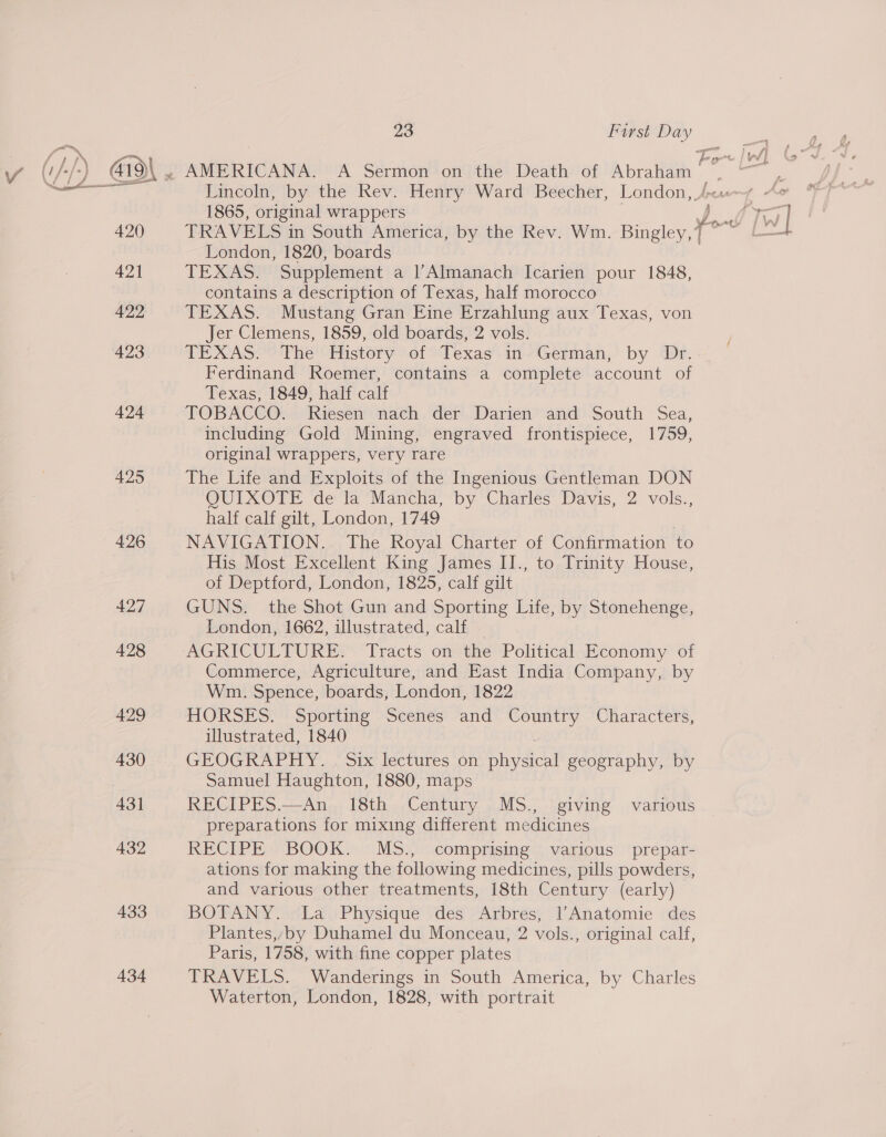 ) @ Lincoln, by the Rev. Henry Ward Beecher, London, 1865, original wrappers PY 420 TRAVELS in South America, by the Rev. Wm. Bingley, y sia 7 London, 1820, boards 421 TEXAS. Supplement a l’Almanach Icarien pour 1848, contains a description of Texas, half morocco 422 TEXAS. Mustang Gran Eine Erzahlung aux Texas, von Jer Clemens, 1859, old boards, 2 vols. 423 TEXAS. ~The History of Texas in-German, by Dr. Ferdinand Roemer, contains a complete account of Texas, 1849, half calf 424 TOBACCO. Riesen nach der Darien and South Sea, including Gold Mining, engraved frontispiece, 1759, original wrappers, very rare 425 The Life and Exploits of the Ingenious Gentleman DON OQUIXOTE de la Mancha, by Charles Davis, 2 vols., half calf gilt, London, 1749 426 NAVIGATION. The Royal Charter of Confirmation to His Most Excellent King James II., to Trinity House, of Deptford, London, 1825, calf gilt 427 GUNS. the Shot Gun and Sporting Life, by Stonehenge, London, 1662, illustrated, calf 428 AGRICULTURE. Tracts on the Political Economy of Commerce, Agriculture, and East India Company, by Wm. Spence, boards, London, 1822 429 HORSES. Sporting Scenes and Country Characters, illustrated, 1840 430 GEOGRAPHY. . Six lectures on Pace geography, by Samuel Haughton, 1880, maps 431 RECIPES.—An 18th Century MS., giving various preparations for mixing different medicines 432 RECIPE BOOK. MS., comprising various prepar- ations for making the following medicines, pills powders, and various other treatments, 18th Century (early) 433 BOTANY.» La Physique des Arbres, l’Anatomie des Plantes,,by Duhamel du Monceau, 2 vols., original calf, Paris, 1758, with fine copper plates 434 TRAVELS. Wanderings in South America, by Charles Waterton, London, 1828, with portrait