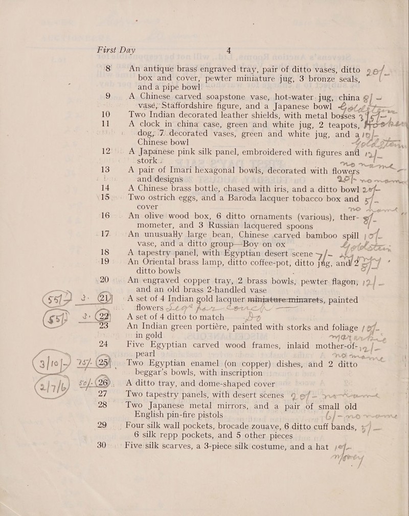 First Day 4 8 An antique brass engraved tray, pair of ditto vases, ditto 28 4. box and cover, adit miniature jug, 3 bronze seals, and a pipe bowl 9 A Chinese carved soapstone vase, hot-water. jug, peg g | vase, Staffordshire figure, and a Japanese bowl &amp;.6 Ls ie 10 Two Indian decorated leather shields, with metal eal bie 2° q-) is 11 A clock in china case, green and white jug, 2 teapots, Art’ ns dog, :7..decorated vases, green and white jug, and a ie] * Chinese bowl Yold. ots. Se 12 A Japanese pink silk panel, embroidered with figures anf &gt; : stork . VO Rane 13 A pair of Imari hexagonal bowls, decorated with flowers fires: a and designs LO l&gt; no mam, 14 A Chinese brass bottle, chased with iris, and a ditto bowl vf .15... Two ostrich eggs, and a Baroda lacquer tobacco box and cover NO . 16 An olive wood box, 6 ditto ornaments (various), ther- 9. : mometer, and 3 Russian lacquered spoons is We An unusually large bean, Chinese carved bamboo ra) i vase, and a ditto group—Boy on Ox oh te 18 A tapestry panel, with Egyptian desert scene 4 °/- A rvs. ‘ ‘be An Oriental brass lamp, ditto coffee-pot, ditto jug, ant s 7 y ditto bowls .20... An engraved copper tray, 2 brass bowls, peaytss rN AEA 2) 5 H ee sai and an old brass 2-handled vase . (55/ La ete Ql] Aset of 4 Indian gold facqust minjature-minarets, painted Se flowers p¢9 panos ar Pe, (s5}) ‘x (29) A set of 4 ditto to match be eet Sa BES An Indian green portiére, painted with storks and Be 1 of, ay in gold rv) CY | 24 Five Egyptian carved wood frames, inlaid mother- Off sn ie — pearl VO rt p ( 3/10) 1 S7- (25) Two Egyptian enamel (on copper) dishes, and 2 ditto | if ea beggar’s bowls, with inscription (s la/t sof. (28) A ditto tray, and dome-shaped cover ot a 27 Two tapestry panels, with desert scenes 9 ef — yee 28 Two Japanese metal mirrors, and a pair of small “us English pin-fire pistols | G] -)r0 9 29 ‘Four silk wall pockets, brocade zouave, 6 ditto cuff bands, ye 30... : Five silk scarves, a 3- -piece silk costume, and a hat a grey +S ey 