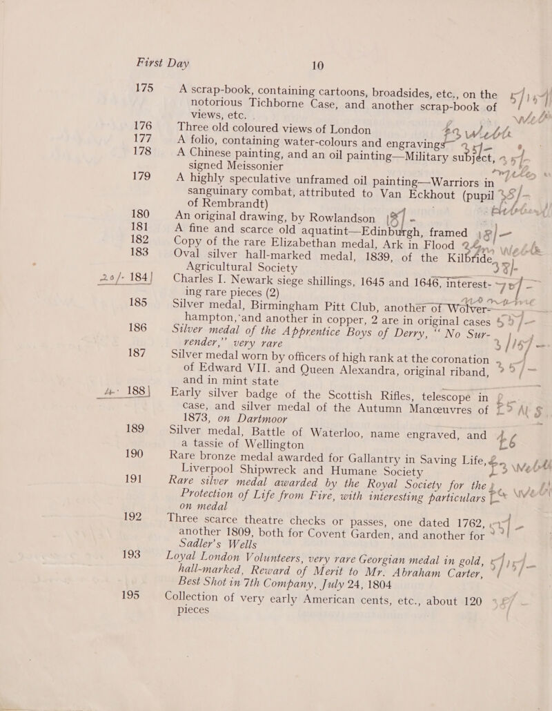 175 176 177 178 179 LOZ 193 195 A scrap-book, containing cartoons, broadsides, etc.,on the xr ] ls 4 notorious Tichborne Case, and another scrap-book of A views, etc. 3 . VALE Three old coloured views of London fo WH ebh A folio, containing water-colours and engravings - s]= °, A Chinese painting, and an oil painting—Military subjéct, « 57. signed Meissonier rm, A highly speculative unframed oil painting—Warriors in ° , sanguinary combat, attributed to Van Eckhout (pupil $ $} = of Rembrandt) y : : fae fs 70 6 An original drawing, by Rowlandson te’ / ~ Ae A fine and scarce old aquatint—Edinburgh, framed | 1 oe Copy of the rare Elizabethan medal, Ark in Flood Bn, \nie htt Oval silver hall-marked medal, 1839, of the Kilbride at . Agricultural Society ire 2 §/- Charles I. Newark siege shillings, 1645 and 1646, interest- wy hf ing rare pieces (2) mA wah Silver medal, Birmingham Pitt Club, another of Wolver- — hampton,‘and another in copper, 2 are in original cases 4 9 / Silver medal of the Apprentice Boys of Derry, “ No Sur- eg PS vender,’ very rare b) / ‘o/ = Silver medal worn by officers of high rank at the coronation 2 J of Edward VII. and Queen Alexandra, original riband, ? ?/™ and in mint state ‘ Early silver badge of the Scottish Rifles, telescopé' in P -- case, and silver medal of the Autumn Manceuvres of L2 A$ 1873, on Dartmoor . - Silver medal, Battle of Waterloo, name engraved, and be a tassie of Wellington Rare bronze medal awarded for Gallantry in Saving Life, £., \Mz bl Liverpool Shipwreck and Humane Society 9 NO Kare silver medal awarded by the Royal Society for thep, . &gt; fi Protection of Life from Fire, with interesting particulars | ~ ““* ~ | on medal ; Three scarce theatre checks or passes, one dated 1762, »: OT ps another 1809, both for Covent Garden, and another for ~ * Sadler’s Wells ; Loyal London Volunteers, very rare Georgian medal in gold, Tiv= hall-marked, Reward of Merit to Mr. Abraham Carter, aan Best Shot in 7th Company, J uly 24, 1804 Collection of very early American cents, etc., about 120 pieces