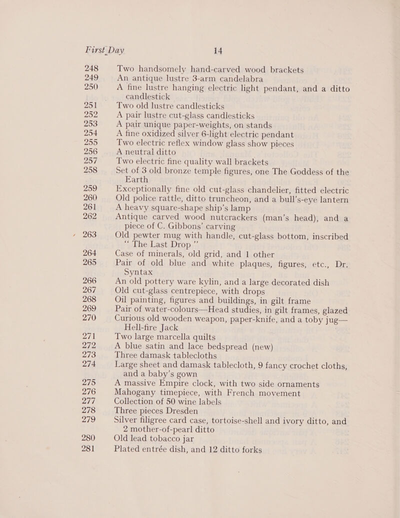 248 249 Two handsomely hand-carved wood brackets An antique lustre 3-arm candelabra A fine lustre hanging electric light pendant, and a ditto candlestick Two old lustre candlesticks A pair lustre cut-glass candlesticks A pair unique paper-weights, on stands A fine oxidized silver 6-light electric pendant Two electric reflex window glass show pieces A neutral ditto | Two electric fine quality wall brackets Set of 3 old bronze temple figures, one The Goddess of the Earth Exceptionally fine old cut-glass chandelier, fitted electric Old police rattle, ditto truncheon, and a bull’s-eye lantern A heavy square-shape ship’s lamp Antique carved wood nutcrackers (man’s head), and a piece of C. Gibbons’ carving Old pewter mug with handle, cut-glass bottom, inscribed ‘geche; Vast, Drops, Case of minerals, old grid, and 1 other Pair of old blue and white plaques, figures, etc., Dr. Syntax An old pottery ware kylin, and a large decorated dish Old cut-glass centrepiece, with drops Oil painting, figures and buildings, in gilt frame Pair of water-colours—Head studies, in gilt frames, glazed Curious old wooden weapon, paper-knife, and a toby jug— Hell-fire Jack Two large marcella quilts A blue satin and lace bedspread (new) Three damask tablecloths Large sheet and damask tablecloth, 9 fancy crochet cloths, and a baby’s gown A massive Empire clock, with two side ornaments Mahogany timepiece, with French movement Collection of 50 wine labels Three pieces Dresden Silver filigree card case, tortoise-shell and ivory ditto, and 2 mother-of-pearl ditto Old lead tobacco jar Plated entrée dish, and 12 ditto forks