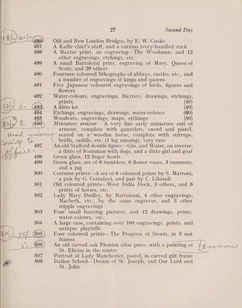   Old and New London Bridges, by E. W. Cooke 487 A Kaffir chief's staff, and a curious ivory-handled stick 488 A Baxter print, an engraving—The Woodman, and 12 other engravings, etchings, etc. 489 A small Bartolozzi print, engraving of Mary, Queen of Scots, and 29 others 490 Fourteen coloured lithographs of abbeys, castles, etc., and 3 a number of engravings of kings and queens 49] Five Japanese coloured engravings of birds, figures and flowers 492 Water-colours, engravings, Baxters, drawings, etchings, ail . — prints, (40) 79: (493) . A ditto lot (40) — 494 Etchings, engravings, drawings, water-colours (60) a 495 Woodcuts, engravings, maps, etchings (50) /S, (496\ Miniature armour. A very fine early miniature suit of eee cei armour, complete with gauntlets, sword and pistol, Heeck wnirtty seated on a’ wooden horse, complete with stirrups, 5 TO 0 To \ bridle, saddle, etc. (1 leg missing), very rare rea k: 497 An old Stafford double figure—-Gin, and Water, on reverse, CM Aer? * a ditto of Scotsman with dogs, and a ditto girl and goat UP Y 498 Green glass, 12 finger bowls 499 Green glass, set of 6 tumblers, 6 flower vases, 3 rummers, and a jug 500 Costume prints—A set of 8 coloured prints by S. Marroni, a pair by G. Cottafavi, and pair by C. Liberali 501 Old coloured prints—West India Dock, 3 others, and 8 prints of horses, etc. 502 Lady Mary Dudley, by Bartolozzi, 4 other engravings, Macbeth, etc., by the same engraver, and 3 other | stipple engravings 503 Four small hunting pictures, and 12 drawings, prints, water-colours, etc. 504 A large case, containing over 100 engravings, prints, and  antique playbills Four coloured prints—The Progress of Steam, in 3 oak frames Ker! Matin An old carved oak Flemish altar piece, with a painting of St. Hlicius in. the,centre Italian School—Dream of St. Joseph, and Our Lord and st. John L § Re an ell deed “amen aon 4