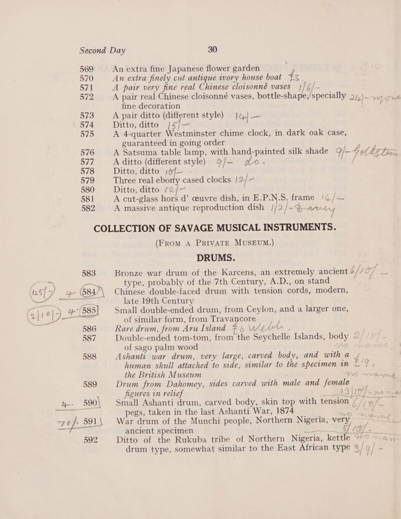 Bika 2 . of. Second Day 30 569 An extra fine Japanese flower garden 570 An extra finely cut antique tvory house boat 42 . 571 A pair very fine real Chinese cloisonné vases t] es fine decoration 573 A pair ditto (different style) Ie pis 574 Ditto, ditto )4/— 5795 A 4-quarter Westminster chime clock, in dark oak case, guaranteed in going order | 577 A ditto (different style) 9/-— (lo. 578 Ditto, ditto of— - ] 579 Three real ebony cased clocks | 2.| - 580 Ditto, ditto /a}/—- 581 A cut-glass hors d’ ceuvre dish, in E.P.N.S. frame '¢/— 582 A massive antique reproduction dish /2/- patty j COLLECTION OF SAVAGE MUSICAL INSTRUMENTS. (FRom A PRIVATE MUSEUM.) DRUMS. 583 Bronze war drum of the Karcens, an extremely ancient b// C/ type, probably of the 7th Century, A.D., on stand rer late 19th Century of similar form, from Travancore 586 Rare drum, from Aru Island F 6 \A/el by ; 587 Double-ended tom-tom, from the Seychelle Islands, body ~ of sago palm wood 588 Ashanti war drum, very large, carved body, and witha / human skull attached to side, similar to the specimen in _°7 the British Museum aa 589 Drum from Dahomey, sides carved with male and female pegs, taken in the last Ashanti War, 1874 bd 1\ War drum of the Munchi people, Northern Nigeria, very, ancient specimen $/ 10 ys Ditto of the Rukuba tribe of Northern Nigeria, kettle ~~~ drum type, somewhat similar to the East African type 2 / 9} = ae 59 &amp;