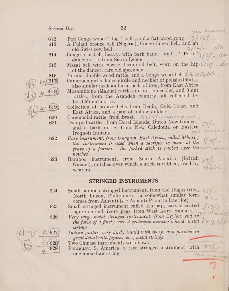 612 613 614 615 616 f3) eH 623 Two Congo wood ‘‘ dog ”’ bells, anda flat wood gong “3 / +4 7.3 A Fulani bronze bell (Nigeria), Congo finger bell, and an ee old Swiss cow bell Z/laf—~ ceo Congo arm bell, heavy, with bark band; anda“ Poro3/¢/_ 6 dance rattle, from Sierra Leone ay, | Masai bell with cowrie decorated belt, worn on the hip -&lt;/ 157 _ ac of the dancer, rare old specimen { a \WUheher. Cameroon girl’s dance girdle and necklet of polished nuts ; also similar neck and arm bells of iron, from East Africa Mozambique (Makua) rattle and rattle necklet, and 3 nut rattles, from the Azandeh country, all collected by Lord Mountmorres Collection of bronze bells from Benin, Gold Coast, and East Africa, and a pair of hollow anklets Ceremonial rattle, from Brazil 4//57—~o ror | Two pod rattles, from Dorei Islands, Dutch New Guinea; -»7/ _ and a bark rattle, from New Caledonia or Eastern ~ / = Iroquois Indians a0 Ee Rare instrument, from Ukagum, East Africa, called Mbust; 7) this instrument is used when a sacrifice 1s made at the of ye grave of a person; the forked stick ts rubbed over the ~o an notches Bamboo instrument, from South America (British + ,/ Guiana), notches over which a stick is rubbed, usediby “Ferns wearers IA STRINGED INSTRUMENTS. Small bamboo stringed instrument, from the Ifugas tribe, North Luzon, Philippines; a somewhat similar form ,,‘, comes from Ashanti (see Ashanti Piano in later lot) WS : Small stringed instrument called Kutpaji, carved seated »//y// figure on end, ivory pegs, from West Karo, Sumatra _ | ey “4 Very large metal stringed instrument, from Ceylon, end in | the form of a finely carved grotesque monster’s head, metal £7 \y LL): strings ae Indian guitar, very finely inlaid with wory, and painted in great detail with figures, etc., metal strings ile Two Chinese instruments with bows : Paraguay, S. America, a rare stringed instrument, with &gt; /— one horse-hair string tee 
