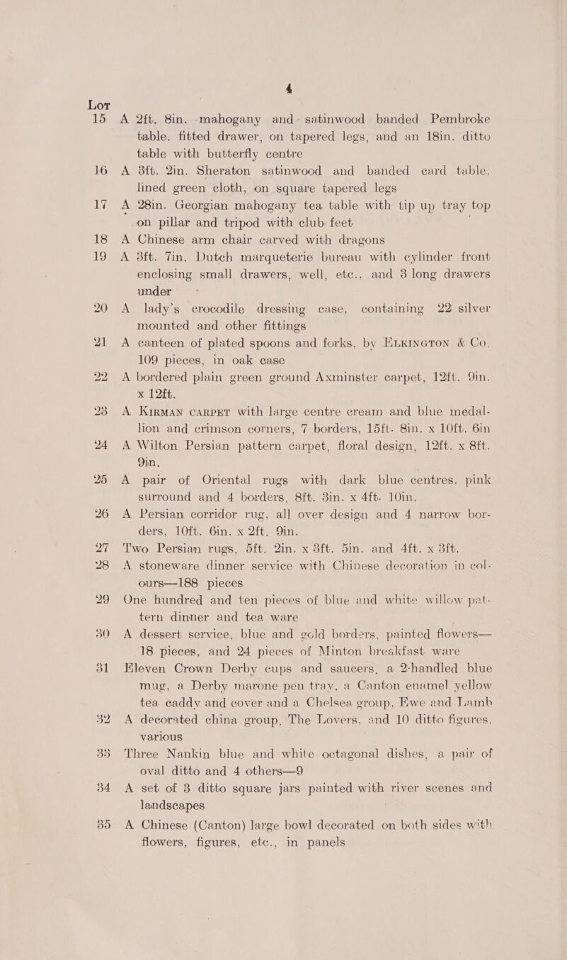 15 16 19 18 19 b4 30 4 A 2ft. 8in. -mahogany and- satinwood banded Pembroke table. fitted drawer, on tapered legs, and an 18in. ditto table with butterfly centre A 3ft. 2in. Sheraton satinwood and banded card table, lined green cloth, on square tapered legs A 28in. Georgian mahogany tea table with tip up tray top on pillar and tripod with club feet ; A Chinese arm chair carved with dragons A 3ft. Tin. Dutch marqueterie bureau with cylinder front enclosing small drawers, well, etc., and 8 long drawers under A lady’s crocodile dressing case, containing 22 silver mounted and other fittings A canteen of plated spoons and forks, by ELKInGTon &amp; Co. 109 pieces, in oak case A bordered plain green ground Axminster carpet, 12ft. 9in. x 12ft. A KirRMAN CARPET with large centre cream and blue medal- hon and crimson corners, 7 borders, 15ft. 8in. x 10ft. 6in A Wilton Persian pattern carpet, floral design, 12ft. x 8ft. on. | A pair of Oriental rugs with dark blue centres, pink surround and 4 borders, 8ft. 3in. x 4ft. 10in. A Persian corridor rug, al] over design and 4 narrow bor- ders, 10ft. Gin. x 2ft. Qin. Two Persian rugs, 5ft. 2in. x 8ft. 5m. and 4ft. x 3ft. A stoneware dinner service with Chinese decoration in col- ours—188 pieces One hundred and ten pieces of blue and white willow pat- tern dinner and tea ware | A dessert service, blue and gold borders, painted flowers— 18 pieces, and 24 pieces of Minton breakfast ware Kleven Crown Derby cups and saucers, a 2-handled blue mug, a Derby marone pen trav, 2» Canton enamel yellow tea caddy and cover and a Chelsea group, Ewe and Lamb A decorated china group, The Lovers, and 10 ditto figures, various Three Nankin blue and white octagonal dishes, a pair of oval ditto and 4 others—9 A set of 8 ditto square jars painted with river scenes and landscapes A Chinese (Canton) large bowl decorated on both sides with flowers, figures, etc., in panels