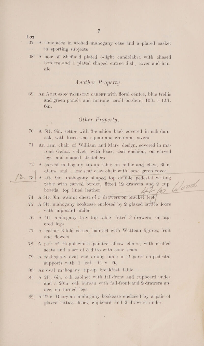 6% A timepiece in arched mahogany case and a plated casket in sporting subjects 68 A pair of Sheffield plated 3-light candelabra with chased borders and a plated shaped entree dish, cover and han dle Another Property. 69 An AUBUSSON TAPESTRY CARPET with floral centre, blue trellis and green panels and marone scroll borders, 16ft. x 12ft. 6in, Other Property. 70 A Sdft. 9in. settee with 8-cushion back covered in silk dam- ask, with loose seat squab and cretonne covers 71 An arm chair of Wilham and Mary design, covered in ma- rone Genoa velvet, with loose seat cushion, on carved legs and shaped stretchers 72 A carved mahogany tip-up table on pillar and claw, 30in. ' diam., and a low seat easy chair with loose green cover _ | A 4ft. 9in. mahogany shaped top double pedestal writing ~ table with carved border, fitted 12 drawers Ae 2 a 74 A 3ft. Bin. walnut chest, of 5 drawers-on-bracket feet | 75 <A 8ft. mahogany bookcase enclosed by 2 glazed lattive doors with cupboard under 76 A 4ft. mahogany tray top table, fitted 8 drawers, on tap- ered legs 77 A leather 8-fold screen painted with Watteau figures, fruit and flowers | 78 <A pair of Hepplewhite painted elbow chairs, with stuffed seats and a set of 3 ditto with cane seats 79 A mahogany oval end dining table in 2 parts on pedestal supports with 1 ‘leaf, ft. x ft. 80 Anoval mahogany tip-up breakfast table Sl. A 2an. a oak cabinet with fall-front and cupboard under and a 28in. oak bureau with fall-front and 2 drawers un- der, on turned legs 82 A 27in. Georgian mahogany bookcase enclosed by a pair of elazed lattice doors, cupboard and 2 drawers under