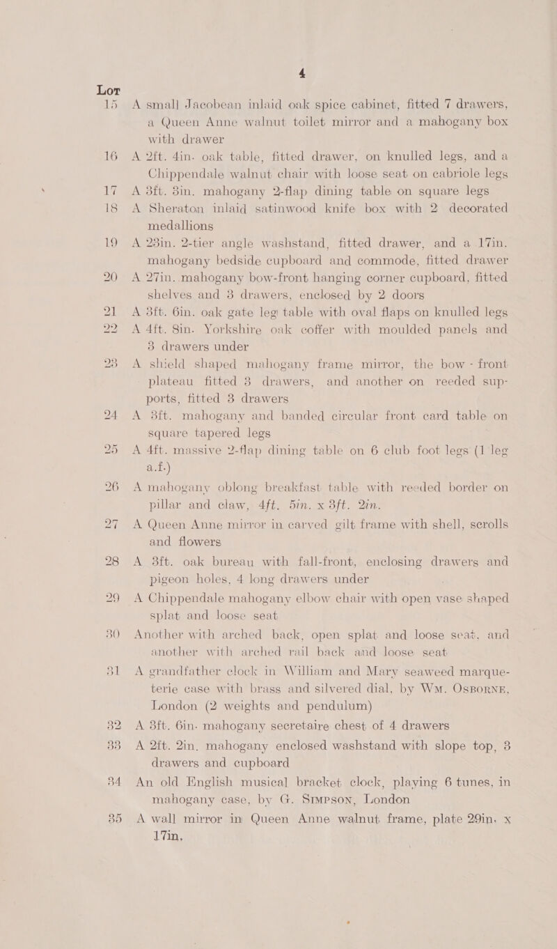 15 BO 4 A small Jacobean inlaid oak spice cabinet, fitted 7 drawers, a Queen Anne walnut toilet mirror and a mahogany box with drawer A 2ft. 4in. oak table, fitted drawer, on knulled legs, and a Chippendale walnut chair with loose seat on cabriole legs A 35ft. 3in. mahogany 2-flap dining table on square legs A Sheraton inlaid satinwood knife box with 2 decorated medallions A 28in. 2-tier angle washstand, fitted drawer, and a 17in. mahogany bedside cupboard and commode, fitted drawer A 27in.. mahogany bow-front hanging corner cupboard, fitted shelves and 38 drawers, enclosed by 2 doors A 3ft. 6in. oak gate leg table with oval flaps on knulled legs A 4ft. 8in. Yorkshire oak coffer with moulded panels and 5 drawers under A shield shaped mahogany frame mirror, the bow - front plateau fitted 3 drawers, and another on reeded sup- ports, fitted 8 drawers A 3ft. mahogany and banded circular front card table on square tapered legs A 4ft. massive 2-flap dining table on 6 club foot legs (1 leg a.f.) A mahogany oblong breakfast table with reeded border on pillar and claw, 4ft. 5in. x 3ft. in. A Queen Anne mirror in carved gilt frame with shell, scrolls and flowers A 8ft. oak bureau with fall-front, enclosing drawers and pigeon holes, 4 long drawers under A Chippendale mahogany elbow chair with open vase shaped splat and loose seat Another with arched back, open splat and loose seat, and another with arched rail back and loose seat A grandfather clock in William and Mary seaweed marque- terie case with brass and silvered dial, by Wm. Osporne, London (2 weights and pendulum) A 83ft. 6in- mahogany secretaire chest of 4 drawers A 2ft. 2in. mahogany enclosed washstand with slope top, 3 drawers and cupboard An old English musical bracket clock, playing 6 tunes, in mahogany case, by G. Smpson, London A wall mirror in Queen Anne walnut. frame, plate 29in. x