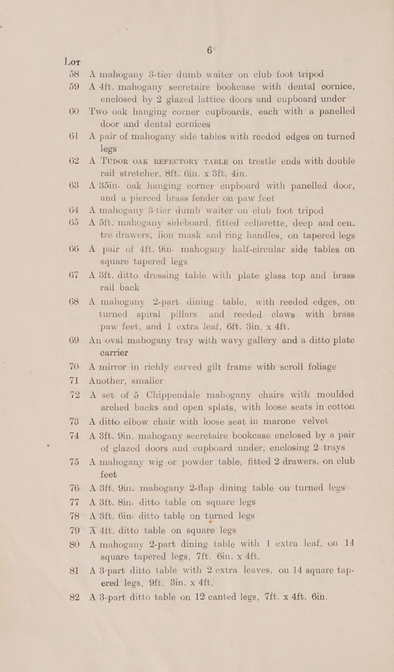 A mahogany 8-tier dumb waiter on club foot tripod A 4ft. mahogany secretaire bookcase with dental cornice, enclosed by 2 glazed lattice doors and cupboard under Two oak hanging corner cupboards, each with a panelled door and dental cornices A pair of mahogany side tables with reeded edges on turned legs A 'TuDOR OAK REFECTORY TABLE on trestle ends with double rail stretcher, 8ft. 6in. x 38fb. 4in. A 35in. oak hanging corner cupboard with panelled door, and a pierced brass fender on paw feet A mahogany 8-tier dumb waiter on club foot tripod A dft. mahogany sideboard, fitted cellarette, deep and cen- tre drawers, lion mask and ring handles, on tapered legs A pair of 4ft. 9in- mahogany half-circular side tables on square tapered legs A 38ft. ditto dressing table with plate glass top and brass rail back A mahogany 2-part dining table, with reeded edges, on turned spiral pillars and reeded claws with. brass paw feet, and 1 extra leaf, 6ft. 3in. x 4{ft. An oval mahogany tray with wavy gallery and a ditto plate carrier A mirror in richly carved gilt frame with scroll foliage Another, smaller A set of 5 Chippendale mahogany chairs with moulded arched backs and open splats, with loose seats in cotton A ditto elbow chair with loose seat in marone velvet A 8ft. 9in. mahogany secretaire bookcase enclosed by a pair of glazed doors and cupboard under, enclosing 2: trays A mahogany wig or powder table, fitted 2 drawers, on club feet A 8tt. 9in. mahogany 2-flap dining table om turned legs A &amp;ft. 8in. ditto table on square legs A 38ft. bin. ditto table on turned legs A 4tt. ditto table on square legs A mahogany 2-part dining table with 1 extra leaf, on 14 square tapered legs, 7ft. 6in. x 4it. A 8-part ditto table with 2 extra leaves, on 14 square tap- ered legs, Oft. 8in. x 4ft. A 8-part ditto table on 12 canted legs, 7it. x 4ft. 6in.