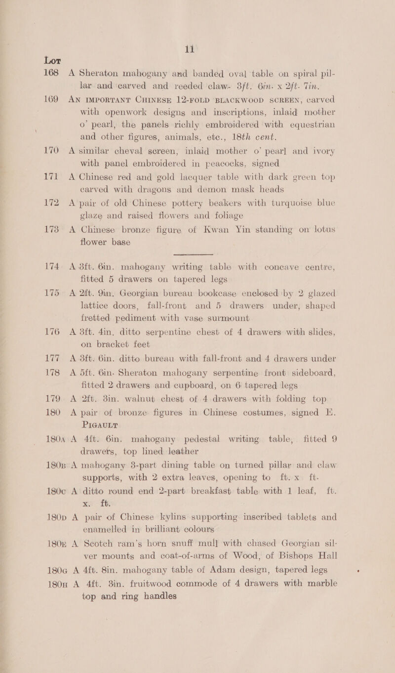 180A 18038 180c¢ 180D 1808 1i A Sheraton mahogany and banded oval table on spiral pul- lar and ‘carved and reeded claw- 3ft. Gin. x 2ft- Tin. AN IMPORTANT CHINESE 12-FOLD BLACKWOOD SCREEN, carved with openwork designs and inscriptions, inlaid mother o pearl, the panels richly embroidered with equestrian and other figures, animals, etc., 18th cent. A similar cheval screen, inlaid mother o’ pear] and ivory with panel embroidered in peacocks, signed A Chinese red and gold lacquer table with dark green top carved with dragons and demon mask heads A pair of old Chinese pottery beakers with turquoise blue glaze and raised flowers and foliage A Chinese bronze figure of Kwan Yin standing on lotus flower base A 8ft. 6m. mahogany writing table with concave centre, fitted 5 drawers on tapered legs A 2ft. 9m. Georgian bureau bookcase enclosed by 2 glazed lattice doors, fall-front and 5 drawers under, shaped fretted pediment with vase surmount A 3ft. 4in. ditto serpentine chest of 4 drawers with slides, on bracket feet A 8ft. 6in. ditto bureau with fall-front and 4 drawers under A 5ft. 6in- Sheraton mahogany serpentine front sideboard, fitted 2: drawers and cupboard, on 6 tapered legs A 2ft. 3in. walnut chest of 4 drawers with folding top A pair of bronze figures in Chinese costumes, signed IE. PIGAULT A 4{t. 6in. mahogany pedestal writing table, fitted 9 drawers, top lined leather A mahogany 8-part dining table on turned pillar and claw supports, with 2 extra leaves, opening to ft. x ft. A ditto round end 2-part breakfast table with 1 leaf, ft. me Et A pair of Chinese kylins supporting inscribed tablets and enamelled in brilliant colours A. Scotch ram’s horn snuff mull with chased Georgian sil- ver mounts and coat-of-arms of Wood, of Bishops Hall top and ring handles