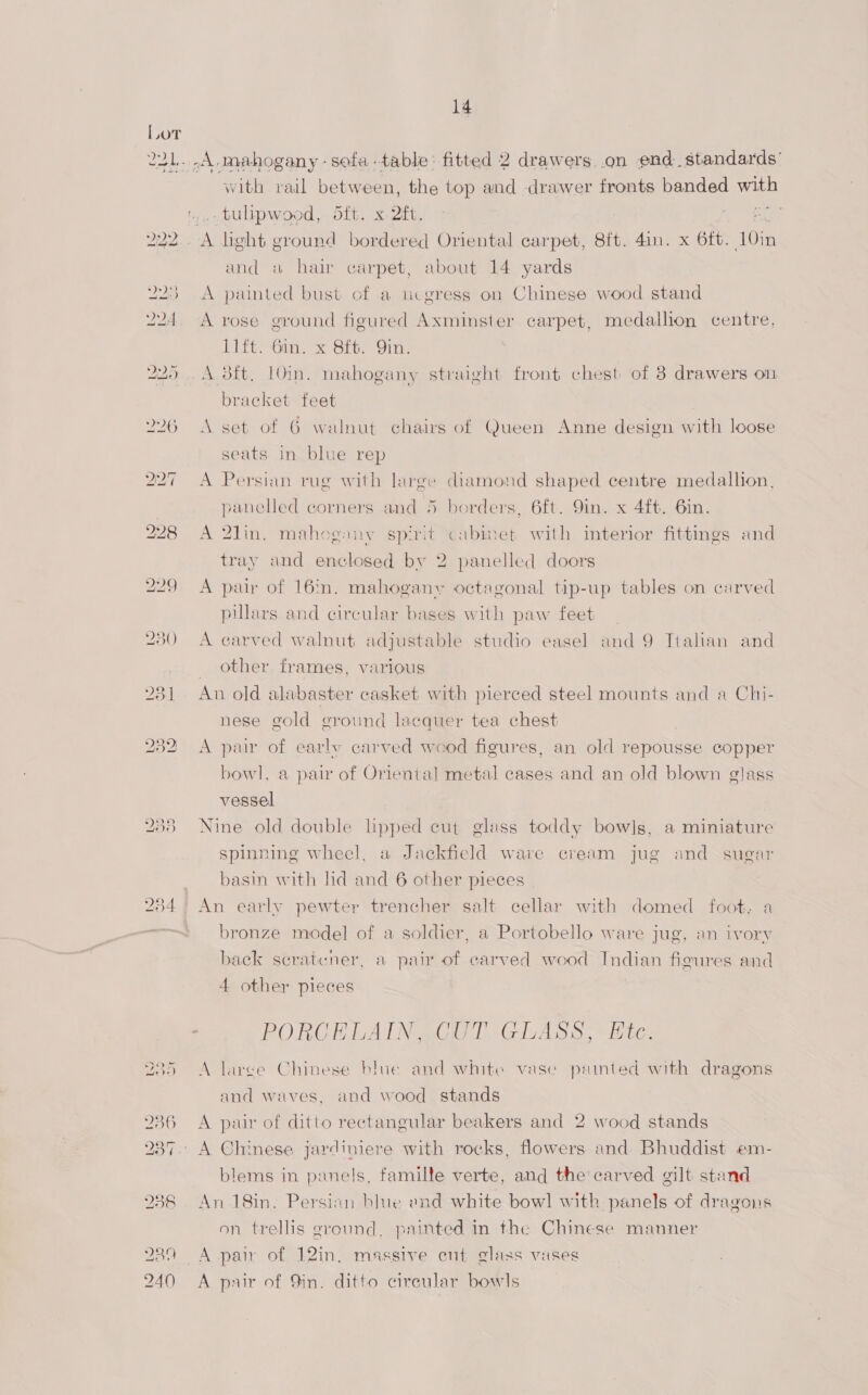 with rail between, the top and drawer fronts banded ne -tulipwood, oft. x 2ft. oO and « hair carpet, about 14 yards A painted bust of a ucgress on Chinese wood stand A rose ground figured Axminster carpet, medallion centre, llft. Gin. x 8ft. Qin. A 3ft, 10in. mahogany straight front chest of 3 drawers on bracket feet A set of 6 walnut chairs of Queen Anne design with loose seats in blue rep A Persian rug with large diamond shaped centre medallion, panelled corners and 5 borders, 6ft. 9in. x 4ft. 6in. A 2Jin. mahogany spirit cabinet with interior fittings and tray and enclosed by 2 panelled doors A par of 16in. mahogany octagonal tip-up tables on curved pillars and circular bases with paw feet A carved walnut adjustable studio easel and 9 Ttalian and other frames, various An old alabaster casket with pierced steel mounts and a Chi- nese gold ground lacquer tea chest A pair of early carved wood figures, an old repousse copper bowl, a pair of Oriental metal cases and an old blown glass vessel Nine old double lipped cut glass toddy bowls, a miniature spinning wheel, a Jackfield ware cream jug and sugar basin with lid and 6 other pieces An early pewter trencher salt cellar with domed foot, bronze model of a soldier, a Portobello ware jug, an ivory back seratcner, a pair of carved wood Indian figures and 4 other pieces 3 PORCELAIN, CUT GLASS, ftc. A large Chinese blue and white vase pamted with dragons and waves, and wood stands A pair of ditto rectangular beakers and 2 wood stands A Chinese jardiniere with rocks, flowers and Bhuddist em- blems in panels, familte verte, and the carved gilt stand An 18in. Persian blue end white bowl with panels of dragons on trellis ground, painted in the Chinese manner A pai of 12in. massive ent glass vases A pair of Sin. ditto circular bowls