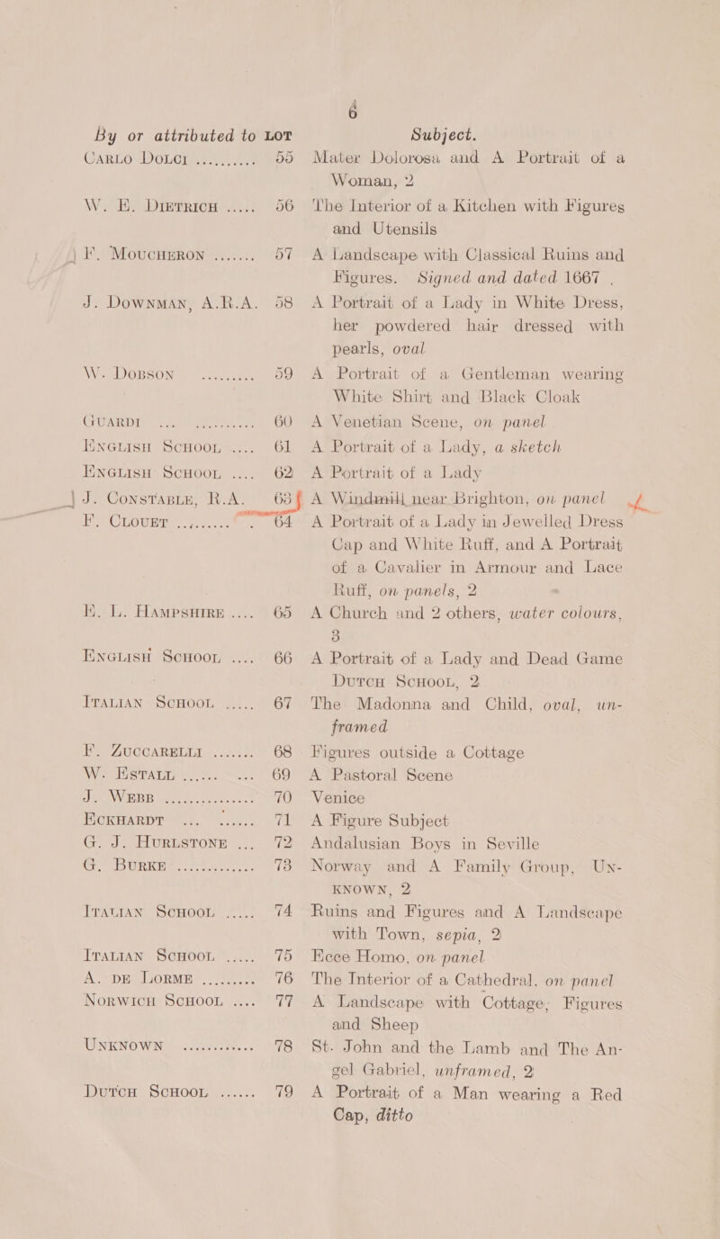 VUARLOVDULUIEEA Ae 55 W. E. Dirtricu «..: 56 F. MoucHERon ....... 57 J. Downman, A.R.A. 58 Vie JORGON lates ween 59 CrUAERDT) © 5: rol Ihe ie he, Oe 60 HinGLIsH ScHoorL 61 ENGLISH’ SCHOOL ... 62. } J. Constante, R.A. 63 So raah tr hha BOOT ums 25 A OA: E. L. HampsnHire.... 65 ENGLisH ScHoor 66 PEALIAN SO GHOOL, eto 67 TE UCGOARHINd «2020, 68 We Ererata 2, 69 SD MAVVERDD Woe aa 70 PMURHARDT “oe. oye! 71 G. J. HURLSTONE Jp Cr eBURRE: otis. 15 [rataan Senoot ..... 74 ITaLIAN ScHOOL ..... 75 Ae DE LGORME ee 76 Norwich SCHOOL V7 CONIC N © Wii cola Paso 78 Dutca ScHOooL...... 79 6 Mater Dolorosa and A Portrait of a Woman, 2 The Interior of a Kitchen with Figures and Utensils A Landscape with Classical Ruins and Figures. Signed and dated 1667 . A Portrait of a Lady in White Dress, her powdered hair dressed pearls, oval with A Portrait of a Gentleman wearing White Shirt and Black Cloak A Venetian Scene, on panel A Portrait of a Lady, a sketch A Portrait of a Lady A Windwall near Brighton, on panel A Portrait of a Lady in Jewelled Dress Cap and White Ruff, and A Portrait of a Cavalier in Armour and Lace Ruff, on panels, 2 A Church and 2 others, water colours, 3) A Portrait of a Lady and Dead Game DutcH ScHooL, 2 The Madonna and Child, oval, un- framed Figures outside a Cottage A Pastoral Scene Venice A Figure Subject Andalusian Boys in Seville Norway and A Family Group, Un- KNOWN, 2 Ruins and Figures and A Tandseape with Town, sepia, 2 EKece Homo, on panel The Interior of a Cathedral, on panel A Landscape with Cottage, Figures and Sheep St. John and the Lamb and The An- gel Gabriel, unframed, 2 A Portrait of a Man wearing a Red Cap, ditto