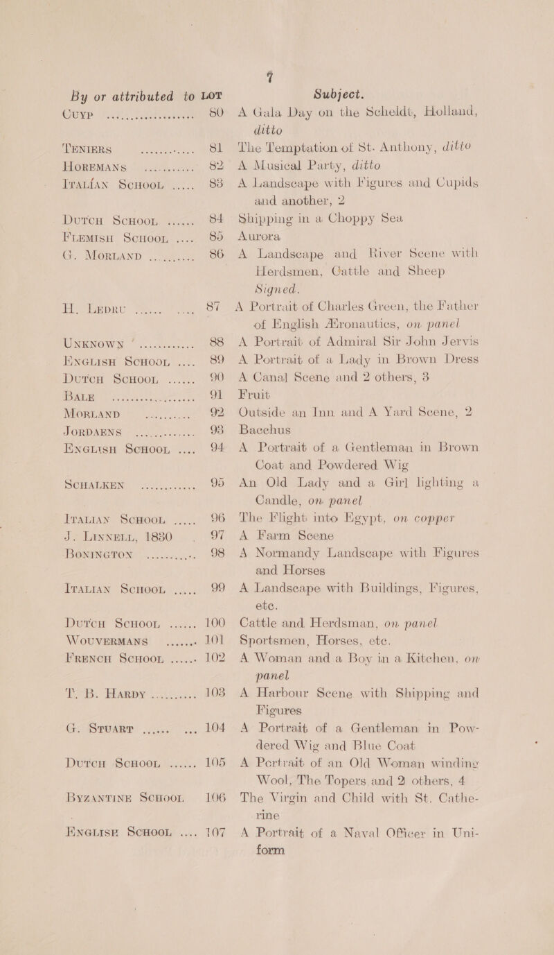 Ouye oho, aLenaT. 50 ENIEIS:! og Sl BLOREMANS |.) 2ho008. 82 Tranian ScHoon ..... 83 Duron Scrocm sace 84 FLEMISH Scroor Bo G. Morand 86 aiisuiiver ere 0 Oiece: ie Spe Me. remey, Bei NOW Mo 8 leaned is 88 Eneuiso ScHooL 89 Dorcen Scnoor... 7.2 90 ri ee Nene 91 WMORTAND = all) ooo 92 JORDAUNG = W000 os beths 98 Eneitsn ScHoor, 94 SOMATREN. Sik. uee. 95 ITALIAN ScHoOL ...... 96 J. Linnein, 1830 97 ‘BOMINGTON oie: 98 Iratsan ScHoou ..... 99 Durewr Scwoon ...:.. 100 WovUVERMANS _......- LOI FrREeNcH SCHOOL .....- 102 TB, Homey ....c..... 103 G. STuarr eri ee ever? Dutcue SCHOOL §...... 105 BYZANTINE SCHOOL, 106 ENGLISE SCHOOL 107 4 A Gala Day on the Scheldt, Holland, ditto The Temptation of St. Anthony, ditto A Musical Party, ditto A Landscape with Figures aud Cupids aud another, 2 Shipping in a Choppy Sea Aurora A Landscape and River Scene with Herdsmen, Cattle and Sheep Signed. A Portrait of Charles Green, the Father ot English Atronautics, on panel A Portrait of Admiral Sir John Jervis A Portrait of a Lady in Brown Dress A Canal Scene and 2 others, 8 Fruit Outside an Inn and A Yard Scene, 2 Bacchus A Portrait of a Gentleman in Brown Coat and Powdered Wig An Old Lady and a Girl lighting a Candle, om panel The Flight into Keypt, on copper A Farm Scene A Normandy Landscape with Figures and Horses A Landscape with Buildings, Figures, etc. Cattle and Herdsman, on panel Sportsmen, Horses, ete. A Woman and a Boy in a Kitchen, on panel A Harbour Scene with Shipping and Figures A Portrait of a Gentleman m Pow- dered Wig and Blue Coat A Pertrait of an Old Woman winding Wool, The Topers and 2 others, 4 The Virgin and Child with St. Cathe- rine A Portrait of a Naval Oficer in Uni- form