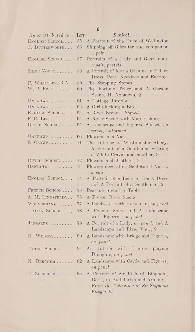 ENGLISH SCHOOL...... HNGLISH SCHOOL...... SIMON VOUET;:. cess. F. WuHEatiey, R.A. WW Dee ERITH aaregese UNKNOWN UINENO WA, tceseteds Fee ENGLISH SCHOOL...... Pets: Litas cacmetalds oe DutcH ScHOOL........ eoettFoevesee eer tt* eevee eee DUTCH SCHOOL, .. 4a. BAPTISTE oo 6/0 ee @ 6:60) elle @ [06 ENGLISH SCHOOL...... FRENCH SCHOOL....... A. M. LInpsrrRain.... W OUVERMANS eee eee eee ITALIAN SCHOOL....... JANSSENS NU BERGHEM.......00° Pee ZuconeRron wee. 2 6 A Portrait of the Duke of Wellington Shipping off Gibraltar and companion a pair Portraits of a Lady and Gentleman, a pair, pastels A Portrait of Maria Colonna in Yellow Dress, Pearl Necklace and Earrings The Stepping Stones The Fortune Teller and A Garden Scene, H. ANDREWS, 2 A Cottage Interior A Girl plucking a Bird A River Scene. Signed. A River Scene with Man Fishing A Landscape and Figures, Sunset, on panel, unframed Flowers in a Vase The Interior of Westminster Abbey, A Portrait of a Gentleman wearing a White Cravat and another, 3 Flowers and 2 others, 3 Flowers decorating Sculptured Vases, a pair A Portrait of a Lady in Black. Dress and A Portrait of a Gentleman, 2 Peasants round a Table A Frozen River Scene A Landscape with Horsemen, on panel A Female Saint and A Landscape with Figures, on panel A Portrait of a Lady, on panel, and A Landscape and River View, 2 A Landscape with Bridge and Figures, - on panel An TInteror with Figures playing Draughts, on panel A Landscape with Cattle and Figures, on panel A Portrait of Sir Richard Bingham, Bart., in Buff Jerkin and Armour From the Collection of Sir Seymour Fitegerald