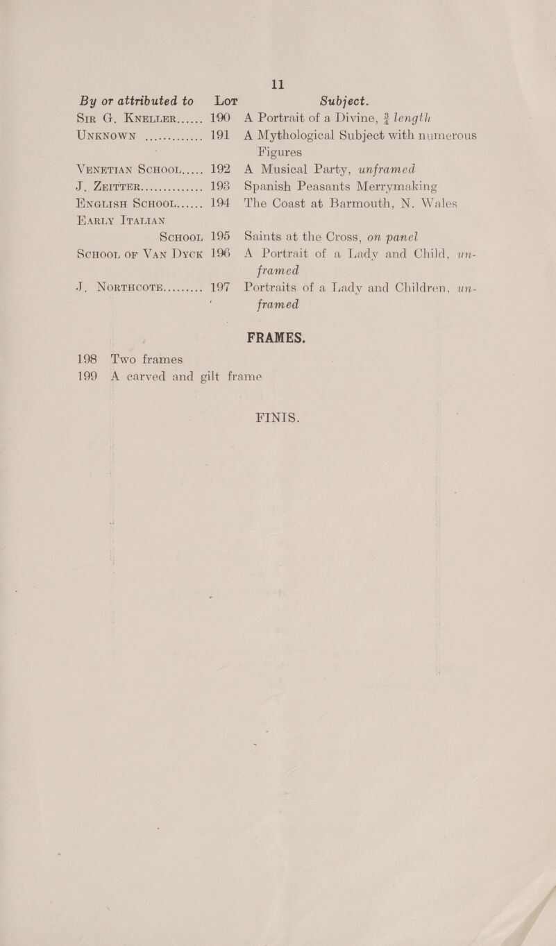Sir G. KNELLER...... 1:90 UNKNOWN 2 oo 191 VENETIAN SCHOOL..... 192 dl eARUBPE Ress. 8065.3 198 ENGLISH SCHOOL...... 194 BARLY ITALIAN ScHoot 195 Scuoon or Van Dyck 196 ee INORTHCOBRS: focccc 197 198 Two frames 11 Subject. A Portrait of a Divine, 3 length A Mythological Subject with numerous Figures A Musical Party, unframed Spanish Peasants Merrymaking The Coast at Barmouth, N. Wales Saints at the Cross, on panel A Portrait of a Lady and Child, un- framed Portraits of a Lady and Children, un- framed FRAMES. FINIS.