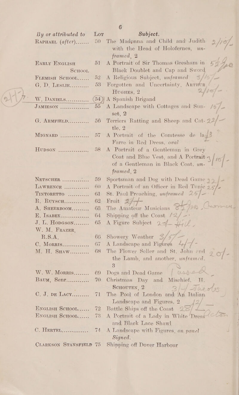 By or attributed to RAPHAEL (after)....... BARLY ENGLISH a] ScHOOL FLEMIsH SCHOOL...... o2 GoD Uesum 5d ay ZU ANIBIS o--2 ce. ss (é FRuIEGoie neuanst ES Ge ARMETELIN®. 7... .. 56 NETGMARD Be Ss) 57 ELUDSONED Tees 58 NETSCHER, .......... wee OS PAWRENCEH (.))5. So00k BO) TINTORETTO ........... 61 RAs De SCee is. A. 62 A. SHEERBOOM......... 63 (EROS 64. J: ly eHopGson. ...... 65 W. M. FRAzER, RSeh 66 Ca LORRT Sc nas. 67 Rie tit SuAwW.......... 68 WW. Mornris........ 69 TFAUME BOUT... acess 70 C2 DRALACY 7. 7a) ENGLISH SCHOOL...... cae ENGLISH. SCHOOL,..... res ©). HERTRLS eee es 74 CLARKSON STANSFIELD 75 6 Subject. The Madonna and Child and Judith with the Head of Holofernes, un- framed, 2 A Portrait of Sir Thomas Gresham in Black Doublet and Cap and Sword A Religious Subject, unframed Forgotten and Uncertainty, ARTHUR ¢ 1) Ac or ff Af A Landscape with Cottages and Sun- set, 2 Terriers Ratting and Sheep. and Cat- 2 tle, 2 ; Farre in Red Dress, oval A Portrait of a Gentleman in Grey Coat and Blue Vest, and A Portrait 4 a of a Gentleman in Black Coat, un- framed, 2 Sportsman and Dog with Dead Game A Portrait of an Officer in Red Eee 2 St. Paul Preaching, unframed 2 j- Fruit AF 4} j é et <n e The Amateur Musicians ¢ ; Shipping off the Coast /2/ —: A Figure Subject 9 / aes oe Showery Weather 3/4 7 — ofan A Landscape and Figures 4¢/ <3 : The Flower Seller and St. John end the Lamb, and another, unframed, 3 Dogs and Dead Game | . Christmas Day and Le atenee A, —— } ; 4 The Pool of London Fr hy Ttalian Landscape and Figures, 2 2, Battle Ships off the Coast 2'%/ 4. - A Portrait of a Lady in White’ Dread and, Black Lace Shawl A Landscape with Figures, on painel Signed. Shipping off Dover Harbour