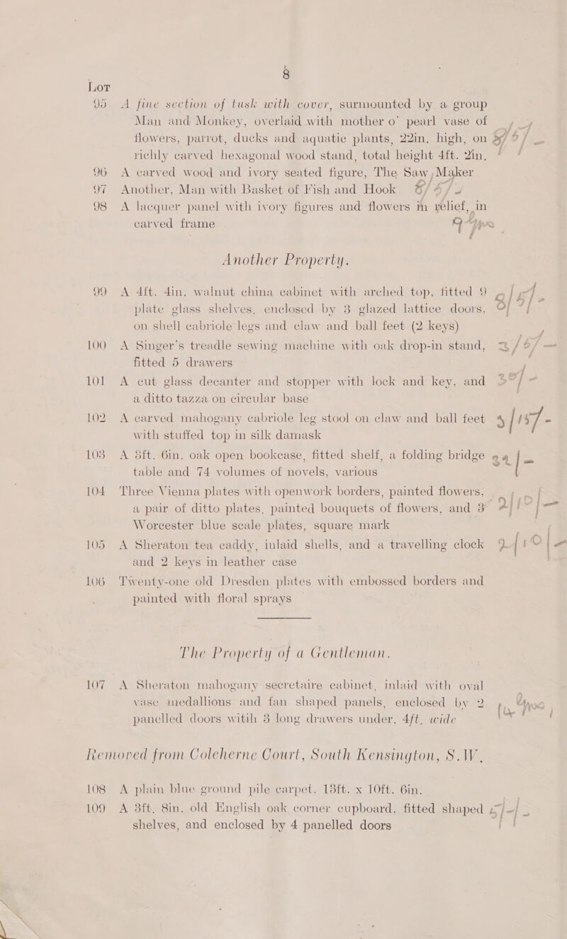 L 8 Lor Jo. A fine section of tusk with cover, surmounted by a group Man and Monkey, overlaid with mother o’ pearl vase of flowers, parrot, ducks and aquatic plants, 22in, high, on 397% richly carved hexagonal wood stand, total height 4ft. 2in, ¢ 96 A carved wood and ivory seated figure, The Saw ,Maker 97 Another, Man with Basket of Fish and Hook @/ 4/2 98 A lacquer panel with ivory figures and flowers m relief, in carved frame tps 8 ? 7 Another Property. 99 <A 4ft. 4in. walnut china cabinet with arched top, fitted 9 Cg | £ j plate glass shelves, enclosed by 3 glazed lattice doors, oO; ie on shell cabriole legs and claw and _ ball feet (2 keys) 100 A Singer’s treadle sewing machine with oak drop-in stand, 3/¢/— fitted 5 drawers 101 A cut glass decanter and stopper with lock and key, and a ditto tazza on circular base 102. A carved mahogany cabriole leg stool on claw and ball feet 4) [3x7 - with stuffed top in silk damask 103 A 8dft. Gin. oak open bookcase, fitted shelf, a folding bridge » 4 | table and 74 volumes of novels, various eS | 104 Three Vienna plates with openwork borders, painted flowers, _ , a pair of ditto plates, painted bouquets of flowers, and 3 # Worcester blue scale plates, square mark } H ae | a 105 A Sheraton tea caddy, inlaid shells, and a travelling clock \ ie and 2 keys in leather case 106 Twenty-one old Dresden plates with embossed borders and painted with floral sprays — The Property of a@ Gentleman. 107 A Sheraton mahogany secretaire cabinet, inlaid with oval vase medallions and fan shaped panels, enclosed by 2 5, “ase — panelled doors witih 8 long drawers under, 4ft, wide Removed from Coleherne Court, South Kensington, S.A, 108 <A plain blue ground pile carpet, 18ft. x 10ft. Gin. 109 A 3ft, 8in. old Eneghsh oak comer cupboard, fitted shaped Po m