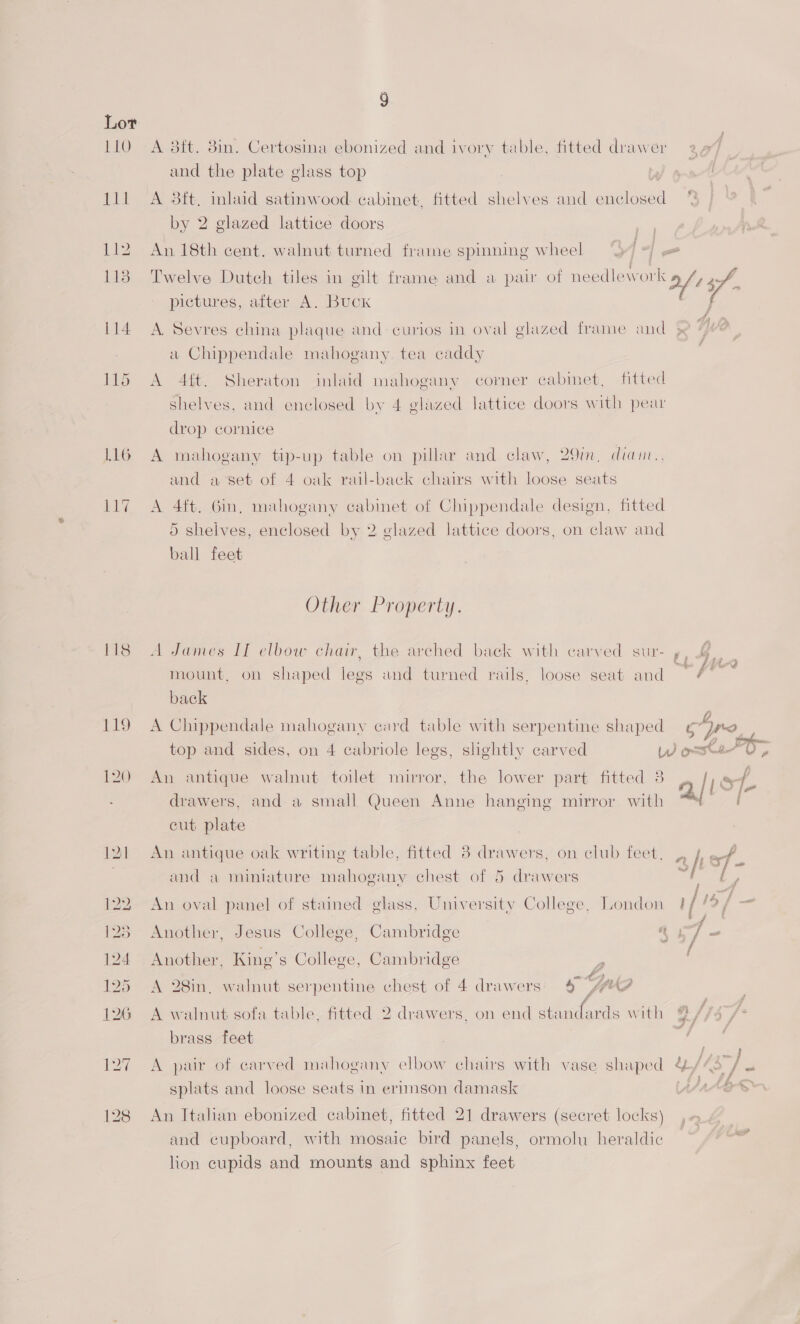 110 A 8ft. 8in. Certosina ebonized and ivory table, fitted drawer and the plate glass top } 111 A 8ft. inlaid satinwood cabinet, fitted shelves and enclosed by 2 glazed lattice doors 112) An 18th cent. walnut turned frame spinning wheel | ea 118 Twelve Dutch tiles in gilt frame and a pair of es he pictures, after A. Buck ; 114 A Sevres china plaque and curios in oval glazed frame and > q 4 a Chippendale mahogany tea caddy 115 A 4ft. Sheraton inlaid mahogany corner cabinet, fitted shelves, and enclosed by 4 glazed lattice doors with pear drop cornice 116 A mahogany tip-up table on pillar and claw, 29m, diam.., and a set of 4 oak rail-back chairs with loose seats 117 A 4ft. Gin, mahogany cabinet of Chippendale design, fitted 5 shelves, enclosed by 2 glazed lattice doors, on claw and ball feet Other Property. 118 A James II elbow chair, the arched back with carved sur- ,, &amp; mount, on shaped legs and turned rails, loose seat and = / back 119 A Chippendale mahogany card table with serpentine shaped ore top and sides, on 4 cabriole legs, slightly carved Ww esta 6 * fi pee QliS]- 120 An antique walnut toilet mirror, the lower part fitted 3 drawers, and. a small Queen Anne hanging mirror with cut plate 121 An antique oak writing table, fitted 3 drawers, on club feet, | pee F} ft od i wie ane 3 oe | t if and a miniature mahogany chest of 5 drawers 122. An oval panel of stained glass, University College, London 1/ lg | — 128 Another, Jesus College, Cambridge q 4 ‘i a 124 Another, King’s College, Cambridge - 125 A 28in, walnut serpentine chest of 4 drawers) 4 Ut iF 126 A walnut sofa table, fitted 2 drawers, on end standards with 2 /, j Vee brass feet a aa 127 A pair of carved mahogany elbow chairs with vase shaped &amp; f ys splats and loose seats in erimson damask APAABD 128 An Italian ebonized cabinet, fitted 21 drawers (secret locks) and cupboard, with mosaic bird panels, ormolu heraldic lion cupids and mounts and sphinx feet