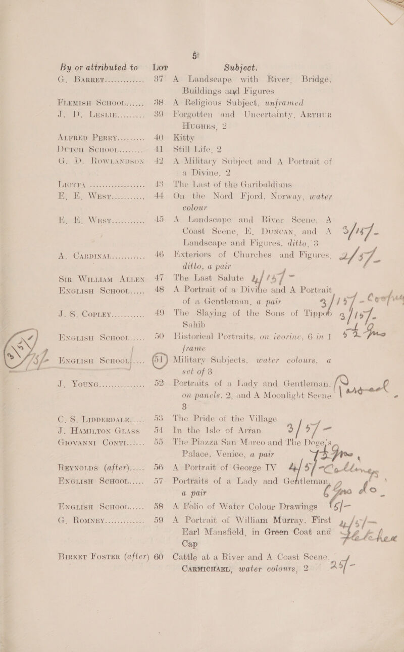 G. IBARREDISOU Aes. oF FREMISH SCHOOL,..... 38 Paci, Desire... ci 39 ALE RED! PRR Y..isccs 40 DUTCH + SCHOOL. ..... 4] G: Db. Rowianpwon, 42 im eo seat 43 Tops i WSR ek che. 44 Pt Waste). gee. Ad WAG ARDENAP:.. ceiwer. 46 Siz Winttiam Aun 47 ENGLisH ScHoot..... 48 HES MOOPLEY:s..:.0+5d 49  dO 5L) 5} C.S. LippERpALeEy.... 8 J. HAMILTON GLASS A. TIOVANNE CONPT.?!... 55 REyNoups (after)..... 56 ENGuisH’ SCHOOL..... 57 ENGLISH ScHOOL..... 58 VOMNEY cos cs fea 59 BirkET Foster (after) 60  5° A Landseape with River, Bridge, Buildings and Figures A Religious Subject, unframed Forgotten and Uncertainty, ARTHUR HuGuus, 2 Kitty Still Life, 2 A Military Subject and A Portrait of a Divine, 2 The Last of the Garibaldians On the Nord Fjord, Norway, water colour A lLandseape and River Scene, A | Coast Scene, EX, Duncan, and A 3/47 - Landscape and Figures, ditto, 8 Iixteriors of Churches and Figures, af 37 ditto, a pair | a The Last Salute Se $7 ~ A Portrait of a Divihe and A Portrait of a Gentleman, a pair 2/7474, The Slaying of the Sons of Tippob 4 137, Sahib ee Gi, Historical Portraits, on ivorine, 6 in 1 9 A&amp;G frame Military Subjects, water colours, a set of 3 | Portraits of a Lady and Gentleman, [{Y e on panels, 2, and A Moonlight Scene | ores 3 The Pride of the Village ¥ In the Isle of Arran fs oy The Piazza San Marco and The Dege;s Palace, Venice, a pair fr , A Portrait of George TV ul shocat hh — Portraits of a Lady and Ge — 2 a pair Cpe A Folio of Water Colour Drawings 14/— A Portrait of William Murray, First / Earl Mansfield, in Green Coat and Noy J - f Cap , a Cattle at a River and A Coast Scene asf ve) ' AO CARMICHAEL, water colours, 2