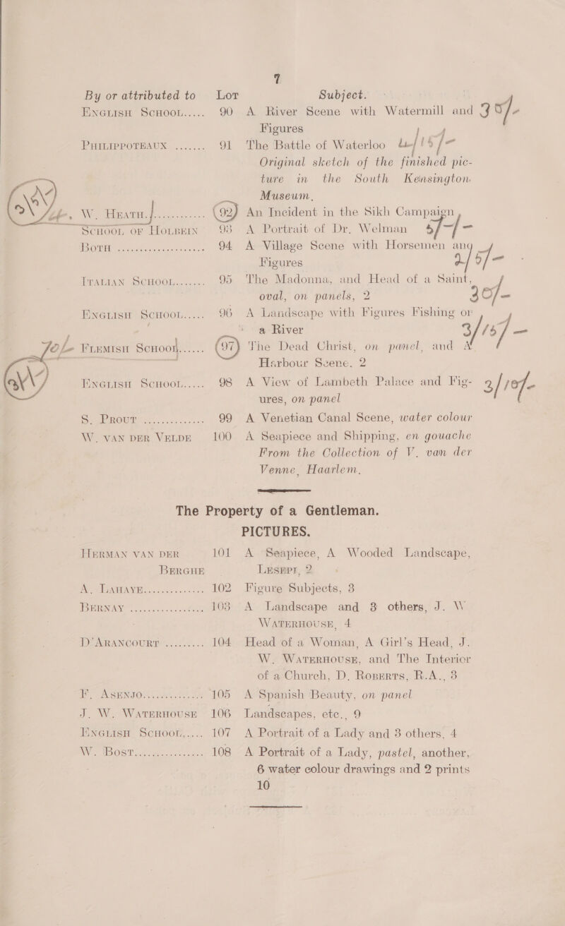 By or attributed to Lot Subject. “4 : y ENGLISH’ SCHOOL..... 90 A River Scene with Watermill and | v/- Figures —— PRiTTPPOTBAUX. ....... 91 The Battle of Waterloo a | 14 / i Original sketch of the finished pic- ture in the South Kensington   a Museum, fj, W. Hye. Se ee (92) An Incident in the Sikh Campaign ~“Scnhoot or Hotspern’ 93 A Portrait of Dr. Welman 4/77 = MOONEE (eeeeiat teed ths tare <x 94 <A Village Scene with Horsemen ang __ Figures ~/ 0/ = ATALTAI. (VCHO Ol... ox. 95 The Madonna, and Head of a Saint, f | 7 oval, on panels, 2 30/- ENGLISH SCHOOL..... 96 A Landseape with Figures Fishing or | ; ~ a River 3/7 /s 7 ae ~ Fuemrsu Scnool...... @ The Dead Christ, on panel, and A eo — Harbour Scene, 2 ENGLISH SCHOOL..... 98 A View of Lambeth Palace and Fig- 3/19f- ures, on panel a OM acc pone 99 A Venetian Canal Scene, water colour W.van ver VerpeE 100 A Seapiece and Shipping, en gouache From the Collection of V. van der Venne, Haarlem,  The Property of a Gentleman. PICTURES, HERMAN VAN DER 101 A Seapiece, A Wooded Landscape, BERGHE Lxesepr, 2 EN AEN 0) eee 102 Figure Subjects, 3 1S! 5 a 6A 103 A Landscape and 3 others, J. W WATERHOUSE, 4 PP ARANCOURT: .....6..; 104 Head of a Woman, A Girl’s Head, J. W. rennet and The Tees of a Church, D. Ropsrrs, R.A., 3 Pe, ACSENIOM Loa oS 105 A Spanish Beauty, on panel J. W. Watsernouse 106 Landscapes, etc., 9 ENGLIisH ScHOO!..... 107 A Portrait of a Lady and 8 others, 4 A Ors Dee aes neh | eas 108 A Portrait of a Lady, pastel, another, 6 water colour drawings and 2 prints 10 