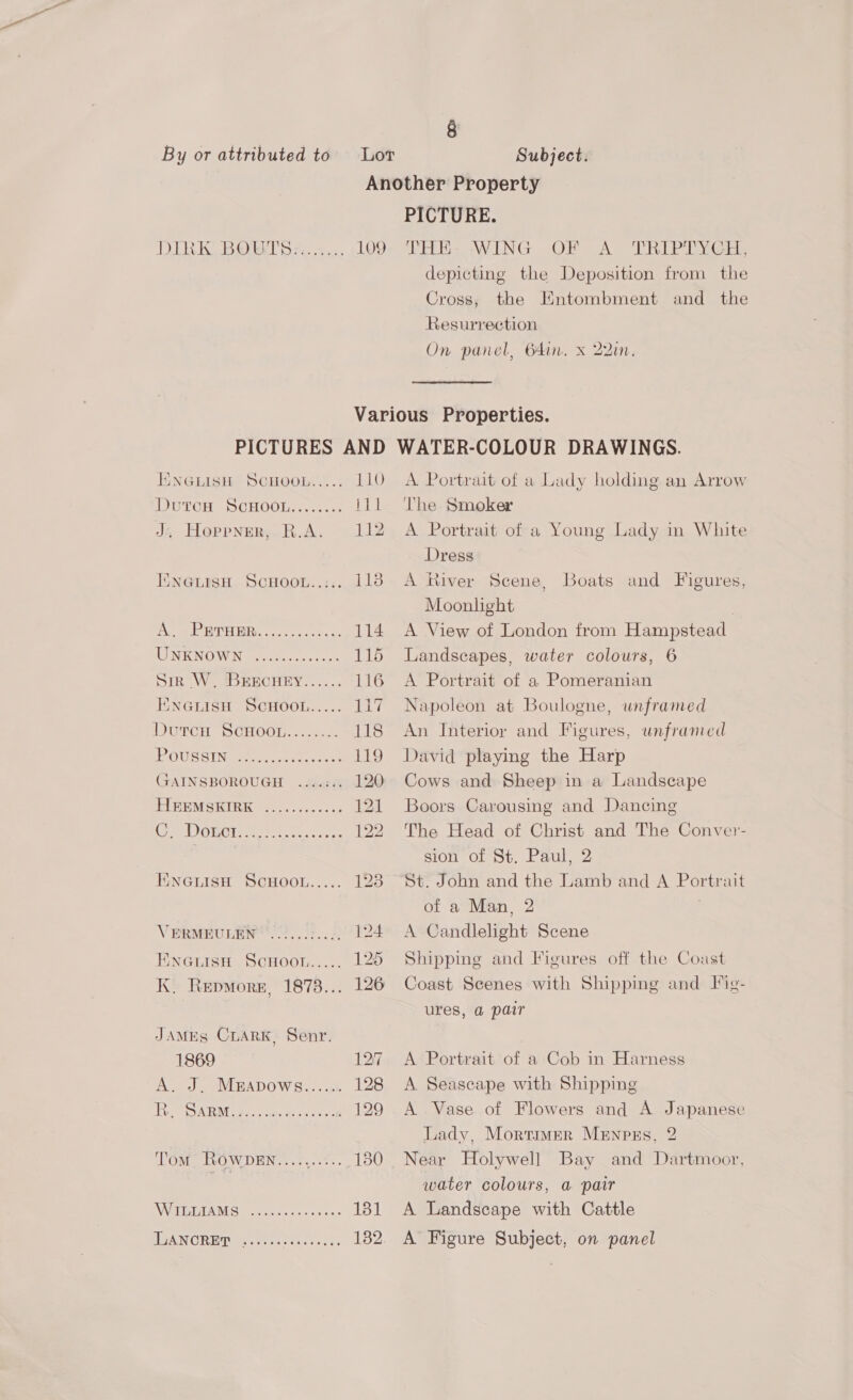 DINK BOR Dre... LO9 8 Another Property PICTURE. THE: WING OF A “TRIPTYCH: depicting the Deposition from the Cross, the Entombment and the Resurrection On panel, 64in, x 22in, PICTURES AND ENGLISH SCHOOL..... LLO DUTCH SCGHOOLZ.-..s. Be. J, Hoppner, R.A. 112 IiINGLISH SCHOOL..::. 113 AME AOT USER a oe 64h 114 MINENO WN oe octs ss ct 115 Sir W, 'BEECHEY...... 116 ENGLISH SCHOOL..... 117 DutrcH ScHOOL........ 118 ROU SS TN ec eos con 119 GAINSBOROUGH |... 120 I WEM ORI oo; .. 4.0 121 AS GCE ne ae 122 ENGLISH SCHOOL..... 123 VERMEULEN 2.0050. 23 124 ENnGuisH ScHOoo...... 125 K. Repmore, 1878... 126 JAMES CLARK, Senr. 1869 12:7 A. J, MEApowS....... 128 Eur VAI Niieoe tas oe ee 129 ToM. ROWDEN....,..:.. 150 WWRIGEM AD SG ciches sce cess 181 HUAN CRIED testes cos 182 WATER-COLOUR DRAWINGS. A. Portrait of a Lady holding an Arrow The Smoker A Portrait of a Young Lady in White Dress A River Scene, Boats and Figures, Moonlight A View of London from Hampstead Landscapes, water colours, 6 A Portrait of a Pomeranian Napoleon at Boulogne, unframed An Interior and Figures, unframed David playing the Harp Cows and Sheep in a Landscape Boors Carousing and Dancing The Head of Christ and The Conver- sion of St. Paul, 2 St. John and the Lamb and A Portrait of a Man, 2 | A Candlelight Scene Shipping and Figures off the Cozst Coast Scenes with Shipping and Iig- ures, @ pair A Portrait of a Cob in Harness A Seascape with Shipping A Vase of Flowers and A Japanese Lady, Mortimer MeEnpss, 2 Near Holywell Bay and Dartmoor, water colours, a pair A Landscape with Cattle A Figure Subject, on panel