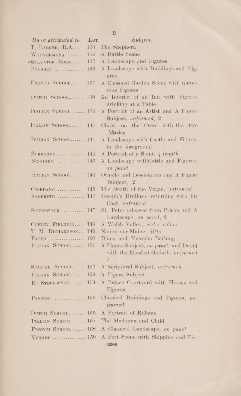 Poussin CC ITALIAN SOMOOL. ..s:. ITALIAN PCHOGOL,...-<5. ITALIAN SPANISH ITALIAN SCHOOL. ..4. SCHOOL... SCMOOL:...... PANNINT eevee eeeeeeensse ITALIAN FRENCH VERNET SCHOOL. +s SeGOL...<5.. eer seerereerereeeete @g Subject. The Shepherd A Battle Scene A Landscape and Figures A Landscape with Buildings and Fig- ures A Classical Garden Scene with nume- rous Figures An Interior of an Inn with Figures drinking at a Table A Portrait of an Artist and A Figure Subject, unframed, 2 Christ on. the Cross with the -two Miaries A Landscape with Castle and Figures in the foreground A Portrait of a Saint, # length A Landscape withCattle and Figures, on panel Othello and Desdemona and A Figure Subject, 2 The Death of the Virgin, unframed Joseph’s Brethren returning with his Coat, unframed St. Peter released from Prison and A Landscape, on panel, 2 A Welsh Valley, water colour Namur-sur-Maine, ditto Diana and Nymphs Bathing A Figure Subject, on panel, and David with the Head of Goliath, unframed 2 A Seriptural Subject, unframed A Figure Subject A Palace Courtyard with Horses and Figures Classical [Buildings and Figures, a- framed A Portrait of Rubens The Madonna and Child A Classical Landscape, on panel A Port Scene with Shipping and Fie- ures
