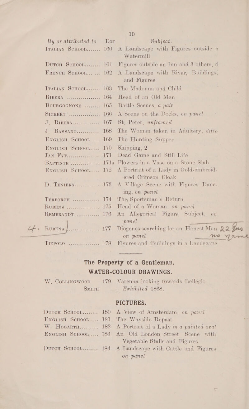 By or attributed to Lor Subject. ITALIAN SCHOOL......: 160 A Landscape with Figures outside a Watermill Durca Scnoonens 161 Figures outside an Inn and 8 others, 4 FrencH SCHOOL... ... 162 A Landscape with River, Buildings. and Figures ITALIAN SCHOOL....... 168) ‘he Madonna and Chila TUL BER Mee rise eee oy ay oe 164 Head of an Old Man BOURGOGNONE ..,../., 165 Battle Scenes, a pair DIGKERT A. fer saaaies , 166 A: Scene on the Docks, on panel J EPINT BER Aare a ciie cahhens 167 St. Peter, unframed J 2 DARGANO : Meee tte 168 The Woman taken in Adultery, ditto ENGLISH SCHOOL..... 169 The Hunting Supper ENGLISH SCHOOL..... 170 Shipping, 2 PAN UA tee etn ee ras 171 Dead Game and Still Life ACLS oe ere re. 1714 Flowers in a Vase on a Stone Slab ENGLISH ScHOO..... 172 A Portrait of a Lady in Gold-embroid- ered Crimson Cloak : 1s LENTHR Steen, aeeee ren 173 A Village Scene with Figures Danc- ing, on panel PGR BOR Gree eeer,. «cal 174 The Sportsman’s Return ISUBENGe ee cee. sa. 175 Head of a Woman, on panel REMBRANDT sya) oss22 408 176 An Allegorical Figure Subject, on panel | —————ccr Lf : ea pee a eee 177 Diogenes searching for an Honest Man 22 yn nl on panel | Wo Yama MRO LOewsn woetsgeeees 178 Figures and ‘Buildings in a Landscape The Property of a Gentleman. WATER-COLOUR DRAWINGS. W. CoLLINGwoop 179 Varenna looking towards Bellegio SMITA Exhibited 1868. PICTURES. DUTCH SCHOOL..2...-. 180 A View of Amsterdam, on panel ENGLISH SCHOOL..... 181. The Wayside Repast ‘ We LIOGAR THe cs ace. 182 A Portrait of a Lady in a painted oval ENGLISH SCHOOL..... 1838 An Old London Street Scene with Vegetable Stalls and Figures DurcH: SCHOOL........ 184 A Landscape with Cattle and Figures on panel
