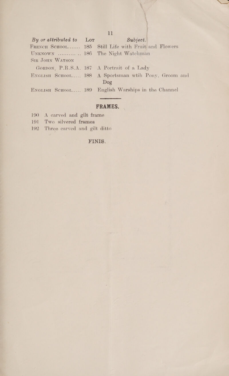 FRENCH SCHOOL....... 185 UGRIKNOWEN, ccs es are 186 Sir JoHN WATSON Gorpon, P.R.S.A. 187 ENGLISH ScHOOL..... 188 HWNGLISH SCHOOL..... 189 11 | Subject. Still Life with Fruit and Flowers The Night Watchman A Portrait of a Lady A Sportsman wtih Pony, Groom and Dog English Warships in the Channel 