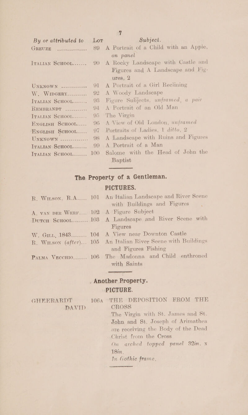 GRBUGE iA daotvens 89 TPALIAN “SCHOOL... \:. 90 UPN GN OAV Nos Se te ee atecrs 91 W o&gt; WIDGERY «3: .00. 505% 92 ITALIAN SCHOOL......: 95 TREMBRANDT = 2.0.45... 94 TraLIAN SCHOOL....... 95 ENGLISH SCHOOL..... E\NGLISH ScHOOL ea: OINIKINO WEN coc bo iam eis 98 ITALIAN SCHOOL....... 99 ITALIAN SCHOOL....... 100 7 A Portrait of a Child with an Apple, on panel A Rocky Landscape with Castle and Figures and A Landscape and Hig- ures, 2 A Portrait of a Girl Reclining A Woody Landscape Figure Subjects, unframed, a pair A Portrait of an Old Man The Virgin A View of Old London, unframed Portraits of Ladies, 1 ditto, 2 A Landseape with Ruins and Figures A Portrait of a Man Salome with the Head of John the Baptist em Wieson, Rok... A. VAN DER WerrF.... 102 DutTcH SCHOOL........ AW Gaul, LS43y.....- 104 R. Wirson (after)... 105 PaLtMA VECCHIO....... PICTURES. An Italian Landscape and River Scene with Buildings and Figures A Figure Subject A Landscape and River Scene with Figures A View near Downton Castle An Italian River Scene with Buildings and Figures Fishing The Madonna and Child enthroned with Saints  THEERARDT DAVID PICTURE. THE DEPOSITION FROM THE CROSS The Virgin with St. James and St. John and St. Joseph of Arimathea are receiving the Body of the Dead Christ from the Cross On arched topped panel 82in. x 18in, In Gothic frame.