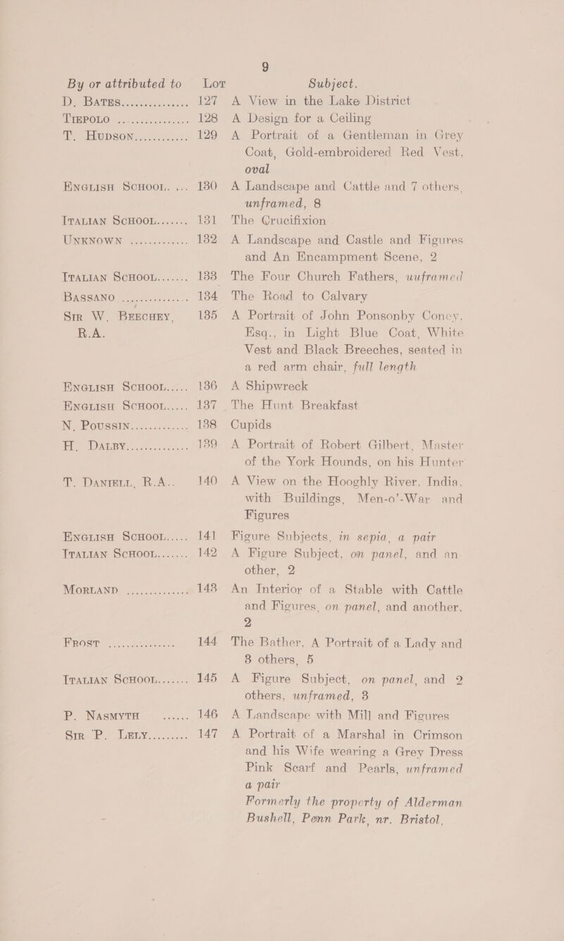 ENGLISH SCHOOL. , ITALIAN SCHOOL....... ENEENONUIN 4 Sees cheeks: TTALIAN DCHOOL.:..... BASSANO Sm W. BrEcury, R.A. ENGLISH SCHOOL..... ENGLISH SCHOOL..... IN POUSSIN. co5.50sacs let eM Seto oS cohen os TY Danrenn., A... ENGLISH SCHOOL..... TTALIAN ScCHOOL....... eres setoererevere ITALIAN SCHOOL....... P. NASMYTH Qi. Po REY. covee 127 128 131 132 133 185 136 137 138 189 140 142 9 Subject. A. View in the Lake District A Design for a Ceiling Coat, Gold-embroidered Red Vest, oval . A Landscape and Cattle and 7 others, unframed, 8 The Crucifixion A Landscape and Castle and Figures and An Encampment Scene, 2 The Four Church Fathers, uuframed The Road to Calvary A Portrait of John Ponsonby Coney, Esq., in Light Blue Coat, White Vest and Black Breeches, seated in a red arm chair, full length A Shipwreck The Hunt Breakfast Cupids A Portrait of Robert Gilbert. Master of the York Hounds, on his Hunter A View on the Hooghly River. India, with Buildings, Men-o’-War and Figures Figure Subjects, in sepia, a pair A Figure Subject, on panel, and an. other, 2 An Interior of a Stable with Cattle and Figures, on panel, and another, 2 The Bather, A Portrait of a Lady and 8 others, 5 A Figure Subject, on panel, and 2 others, unframed, 8 A Landscape with Mil] and Figures A. Portrait of a Marshal in Crimson and his Wife wearing a Grey Dress Pink Scarf and Pearls, unframed a pair Formerly the property of Alderman Bushell, Penn Park, nr. Bristol,