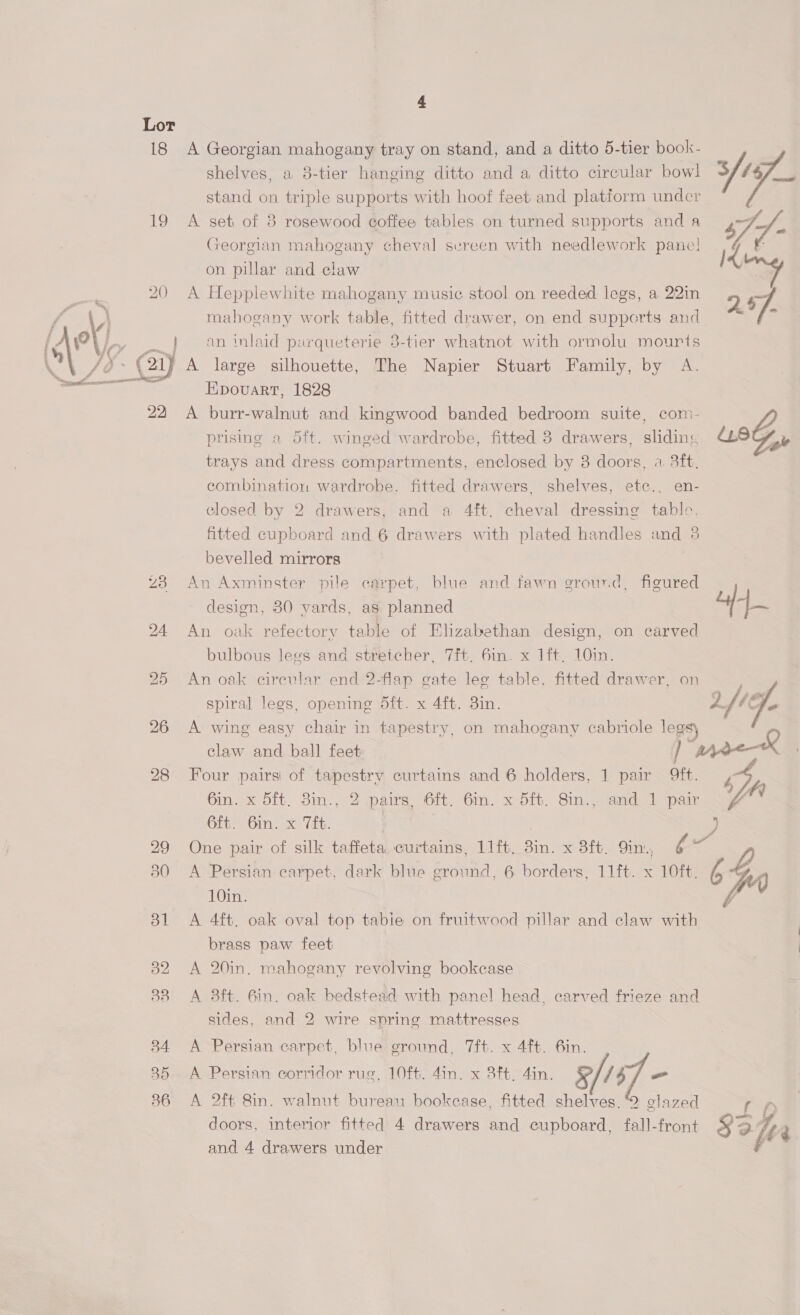 Lor | 18 A Georgian mahogany tray on stand, and a ditto 5-tier book- shelves, a 8-tier hanging ditto and a ditto circular bow] s/s stand on triple supports with hoof feet and platform under 19 A set of 8 rosewood coffee tables on turned supports and a 677 Georgian mahogany cheval sereen with needlework pane! jd on pillar and claw 20 A Hepplewhite mahogany music stool on reeded legs, a 22in mahogany work table, fitted drawer, on end supports and ; an inlaid purqueterie 3-tier whatnot with ormolu mouris 1) A large silhouette, The Napier Stuart Family, by A. Epovuart, 1828 22 A burr-walnut and kingwood banded bedroom suite, com- wail  prising a 5ft. winged wardrobe, fitted 8 drawers, sliding trays and dress compartments, enclosed by 8 doors, a. 3ft, combination wardrobe. fitted drawers, shelves, etc., en- closed by 2 drawers, and a 4ft. cheval dressing table. fitted cupboard and 6 drawers with plated handles and 38 bevelled mirrors z8 An Axminster pile carpet, blue and fawn grourd, figured desien, 80 vards, as planned of — 24 An oak refectory table of Elizabethan design, on carved bulbous lees and stretcher, 7fit, 6in. x Ift, 10in. 25 An oak circular end 2-flap gate lee table, fitted drawer, on spiral legs, opening dft. x 4ft. 3in. fe 26 <A wing easy chair in tapestry, on mahogany cabriole legs claw and ball feet / “0k 28 Four pairs of tapestry curtains and 6 holders, 1 pair Oft. Yr 6in. x dft. 8in., 2 pairs, 6ft. 6in. x 5ft. 8in., and 1 pair ; Git. 6in. x Tit. , 29 One pair of silk taffeta curtains, 11ft. oH x 3ft. 9in:., e~ 30 <A Persian carpet, dark blue ground, 6 borders, 11ft. x 10ft. 64 10in. 31 <A 4ft. oak oval top tabie on fruitwood pillar and claw with brass paw feet 382 A 20in. mahogany revolving bookcase 38 A 8ft. Bin. oak bedstead with panel head, carved frieze and sides, and 2 wire spring mattresses 34 A Persian carpet, blue ground, 7ft. x 4ft. 6in. 35. A Persian corridor rug, 10ft. 4in. x 3ft, 4in. x. / i - 386 A 2ft 8in. walnut bureau bookcase, fitted shelves. “2 glazed ae doors, interior fitted 4 drawers and cupboard, fall-front $a a 4 and 4 drawers under I,