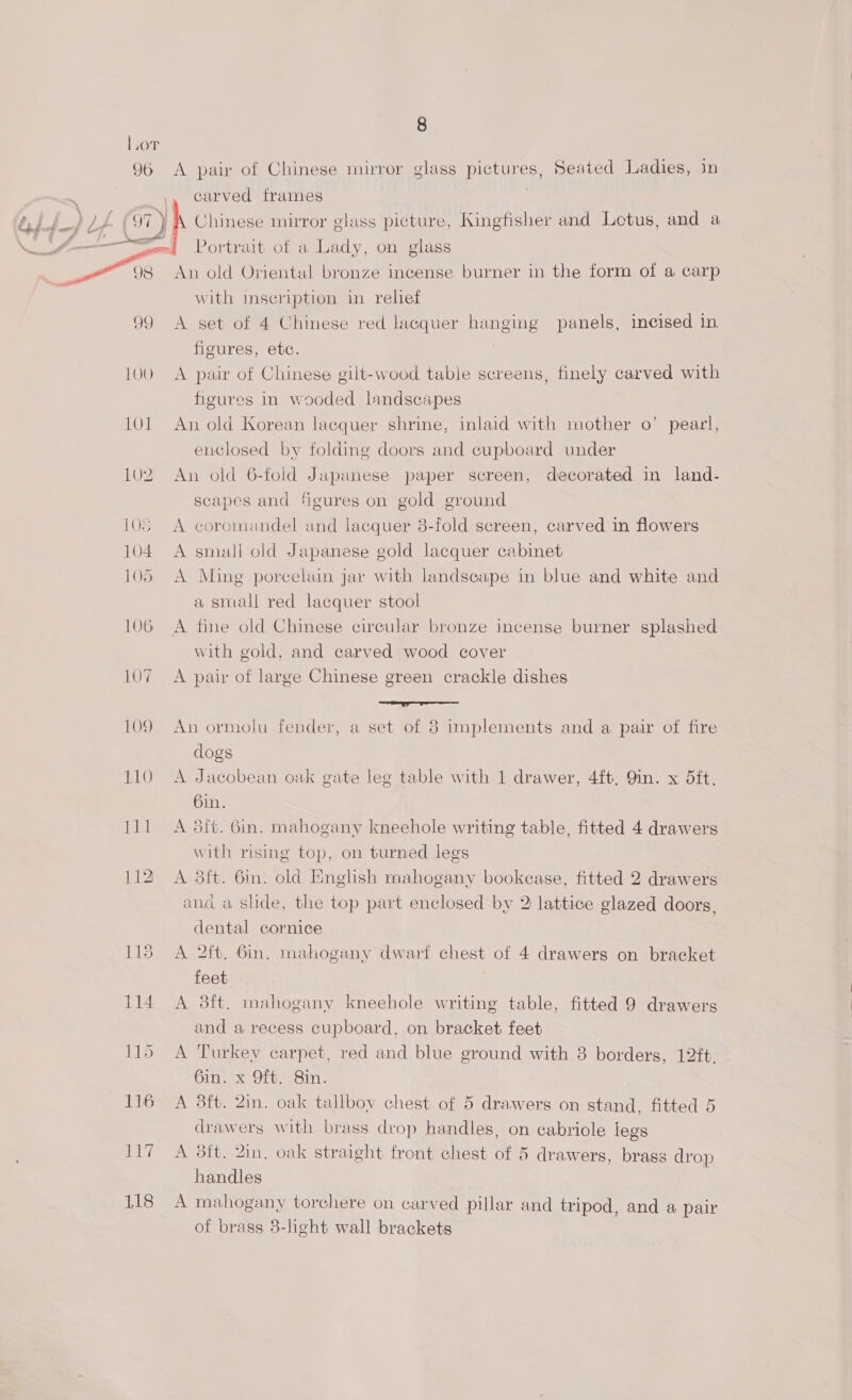 Lor 96 A pair of Chinese mirror glass pictures, Seated Ladies, in | ,, carved irames . by fd ) Ly (97 } Chinese mirror glass picture, Kingfisher and Lotus, and a \ es Portrait of a Lady, on glass 29 LOO ay] 109 He Be 118 An old Oriental bronze incense burner in the form of a carp with inscription in relief A set of 4 Chinese red lacquer hanging panels, incised in figures, etc. A pair of Chinese gilt-wood table screens, finely carved with figures in wooded Inndscapes An old Korean lacquer shrine, inlaid with mother o’ pearl, enclosed by folding doors and cupboard under An old 6-fold Japanese paper screen, decorated in land- scapes and figures on gold ground A coremandel and lacquer 3-fold screen, carved in flowers A small old Japanese gold lacquer cabinet A Ming porcelain jar with landscape in blue and white and a small red lacquer stool A fine old Chinese circular bronze incense burner splashed with gold, and carved wood cover A pair of large Chinese green crackle dishes MB anti isd An ormolu fender, a set of 8 implements and a pair of fire dogs A Jacobean oak gate leg table with 1 drawer, 4ft, Qin. x 5ft. 6in. A 8ft. Gin. mahogany kneehole writing table, fitted 4 drawers with rising top, on turned legs A 3ft. 6m. old English mahogany bookease, fitted 2 drawers and a slide, the top part enclosed by 2 lattice glazed doors, dental cornice A 2ft. Gin. mahogany dwarf chest of 4 drawers on bracket feet A 3ft. mahogany kneehole writing table, fitted 9 drawers and a recess cupboard, on bracket feet A Turkey carpet, red and blue ground with 8 borders, 12ft. 6in. x 9ft. Sin. A 8ft. 2in. oak tallboy chest of 5 drawers on stand, fitted 5 drawers with brass drop handles, on cabriole legs A oft. 2in, oak straight front chest of 5 drawers, brass drop handles A mahogany torchere on carved pillar and tripod, and a pair of brass 3-light wall brackets
