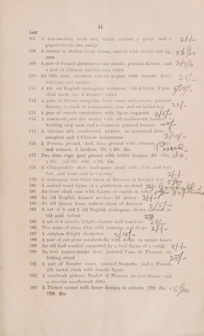 val Lor 167 A tortoisesheli work box, inlaid mother o pearl, and a &lt; /. be. papier-mache tea caddy | 168 A mirror in Italian ivory trame, carved with crown and fig- ch ae ures 169 A pair of French jardinieres and stands, painted flowers, and f hbo a paw of Chinese famille rose vases | : rdoor carved in pin it a floral at 170 An 18th cent. overd rved pine with wreath, flora! ? | festoons and sprays é ae ; ae 5 : eo cee ppt 171 A 4ft. old English mahogany wardrobe, fitted trays, 2 pan- 37 élled doors ana 4 drawers under / 172 A_pair of Sevres turquoise blue vases aid covers, painted flowers, a clock in marqueterie case and an inlaid box a2 ? 173 A pair of ormolu candelabra with figure supports ¢ /4/.- 174 &lt;A rosewood pole fire screen with old needlework banner ] . e 5 P Pd hunting crop rack and a Japanese painted banner #7 / = i 175 A ceireular silk needlework picture, an unframed ditto, 2 b) samplers and 2 Chinese kakemonos afi of we 176 A Persian ground, dark blue ground with crimson , AEC tre and corners, 5 borders, Vite x 4ib. Om. _— 177 Two ditto rugs, grey ground with trellis designs, P, 10in. ilo Yoo., amd oop. 10na. x dft. “kn, 178 A Chippendale stvle mahogany stool with claw and ball feet, and loose seat in tapestry p: 2~ he 179 A mahogany bow-front chest of drawers on bracket feet ne 180 A carved wood figure of a gentleman on stand Jj. - £ 181 An ivory clock case with figures of cupids in relief “Yor oe by y 182 An old English dessert service—25 pieces 3)-(- 183 An old Queen Anne walnut chest of drawers Vk a 184 A set of 6 and 2 old English mahogany chairs cower old gold velvet Om 185 A set of 4 ormolu 2-light electric wall brackets 9 6/__ 186 Two pairs of glass ditto with festoons and drops Q. I+ = 187 A cutglass 6-light electrolier 4,414 188 A pair of cut glass candlesticks with drdps, on square bases 189 An old lead sundial supported by a lead figure of a cupid. v/-(- 190 An oval papier-mache tray, painted Vase of Flowers; on ‘- folding stand QoS] w 191 &lt;A pair of Empire vases, painted Seaports, and a French cilt metal clock with female figure 192 A woolwork picture, Basket of Flowers ,in oval frame, and a circular needlework ditto Be 193 A Turkey carpet with fancy designs in colours, 17ft. 6in. x / ge 12ft. 6in. By ala # Ds     hen  in.  io)