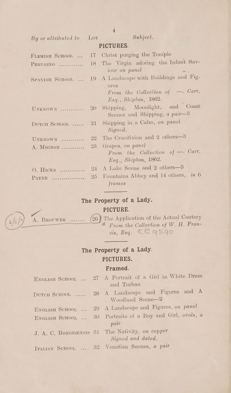 FLEMISH SCHOOL SPANISH SCHOOL 4 1 ENGLISH SCHOOL ENGLISH SCHOOL ENGLISH SCHOOL Lor Subject. PICTURES. 17 Christ purging the Temple 18 The Virgin adoring the Infant Sav- iour on panel rs 19 A Landscape with Buildings and Fig- ures From the Collection of —- Carr, EHsq., Skipton, 1862. 20 Shipping, Moonlight, and Coast Scenes and Shipping, a pair—8 21 Shipping in a Calm, on panel Signed. 2 The Crucifixion and 2 others—3 293 Grapes, on panel From the Collection of —. Carr, Esq., Skipton, 1862. 24 A Lake Scene and 2 others—3 95 Fountains Abbey and 14 others, in 6 frames The Property of a Lady. h PICTURE. (26) The Application of the Actual Cautery ~™ * From the Collection of W. H. Fran- cis, Esq. ©&amp; QSQ0 The Property of a Lady. PICTURES. Framed. 27 A Portrait of a Girl in White Dress and Turban 98 A landscape and Figures and A Woodland Scene—2 99 A Landscape and Figures, on panel 830 Portraits of a Boy and Girl, ovals, a pair ITALIAN SCHOOL Signed and dated. 392 Venetian Scenes, a pair