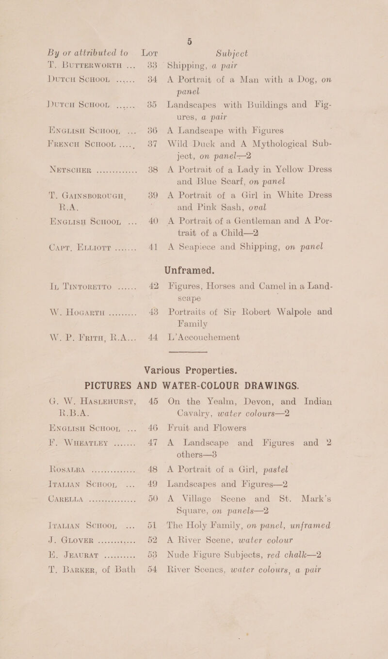 LT. BUTTERWORTH ... DutcH ScHOOL DutcH ScHooL evesee ENGLISH ScHoOor, FRENCH SCHOOL :.... NETSCHER eoeee ester esas T. GAINSBOROUGH, Lapel ENGLISH SCHOOL Capt, EKLLIoTr ee ernee In TINTORETTO W. Hocarru oe ere eee ee Wier” WA. G. W. HASLEHURST, RBA. ENGLISH SCHOOT, EF. WHEATLEY OEE. oh oss cacaence ITALIAN SCHOOL, CARELLA eeoreeeee ee sesae IvALIAN SCHOOL eG OME 15.0265 eee Fi, Oo WAURAT ..caese oc T, Barker, of Bath Shipping, a pair A Portrait of a Man with a Dog, on panel Landscapes with Buildings and Fig- ures, @ pair A Landscape with Figures Wild Duck and A Mythological Sub- ject, on panel—2 A Portrait of a Lady in Yellow Dress and Blue Scarf, on panel A Portrait of a Girl in White Dress and Pink Sash, oval A Portrait of a Gentleman and A Por- trait of a Child—2 A Seapiece and Shipping, on panel Unframed. Figures, Horses and Camel in a Land- scape | Portraits of Sir Robert Walpole and Family L’ Accouchement 45 On the Yealm, Devon, and Indian Cavalry, water colours—2 Fruit and Flowers A Landscape and Figures and 2 others—3 ‘A Portrait of a Girl, pastel Landscapes and Figures—2 A Village Scene and St. Mark’s Square, on panels—2 The Holy Family, on panel, unframed A River Scene, water colour Nude Figure Subjects, red chalk—2 River Scenes, water colours, a pair
